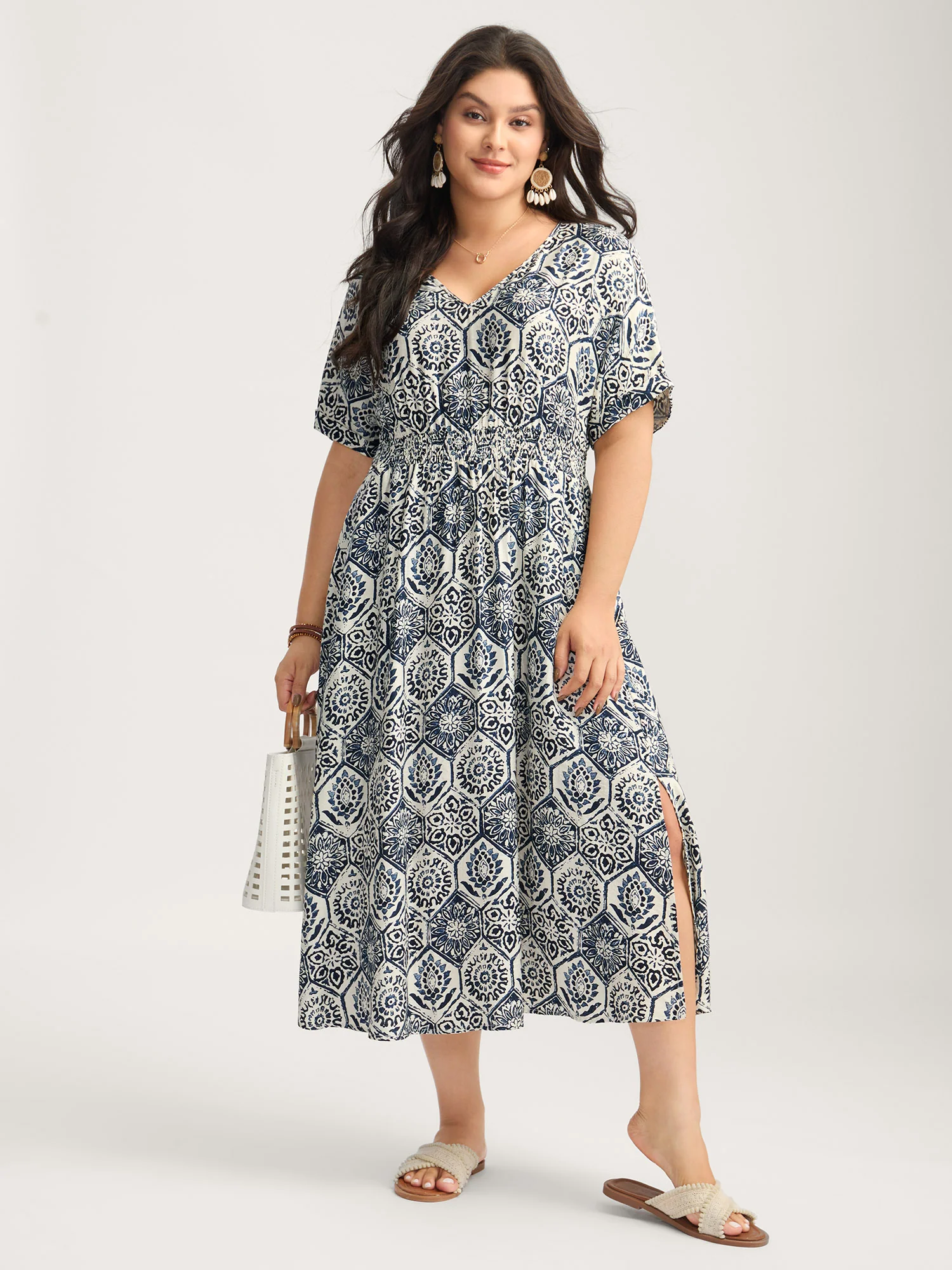 Boho Geometric Print Split Midi Dress