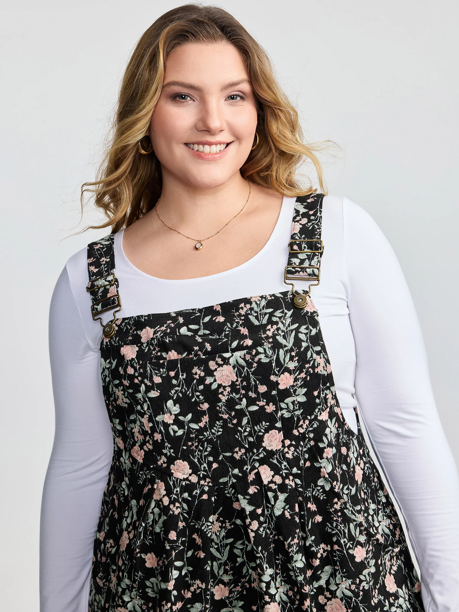 Floral Corduroy Adjustable Overall Strap Knee Dress