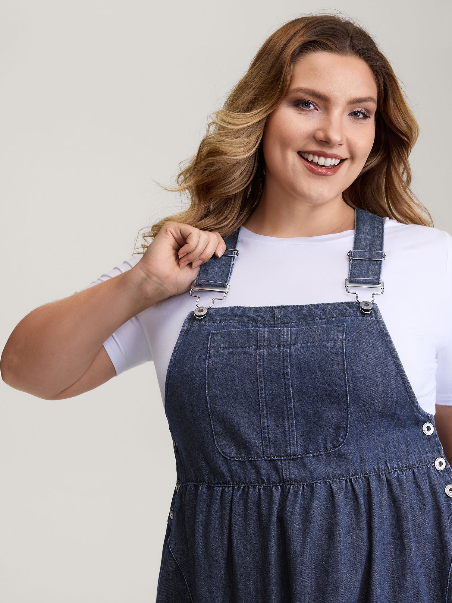 Denim Adjustable Overall Straps Pockets Midi Dress