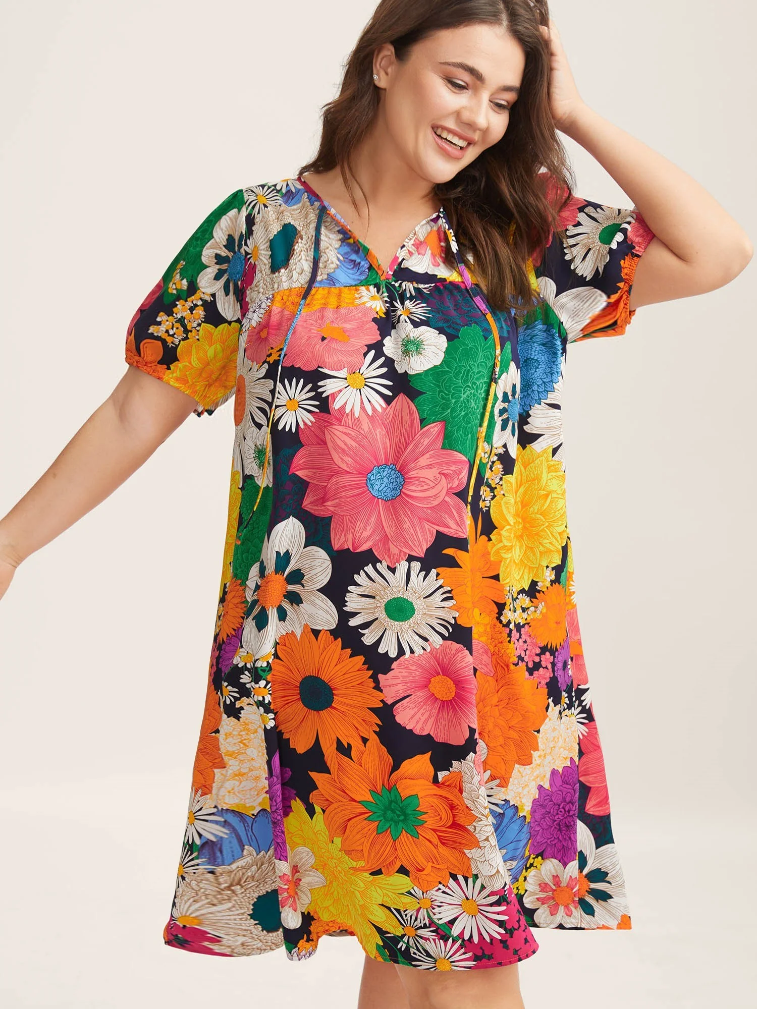 Large Floral Print Neck Tie Midi Dress