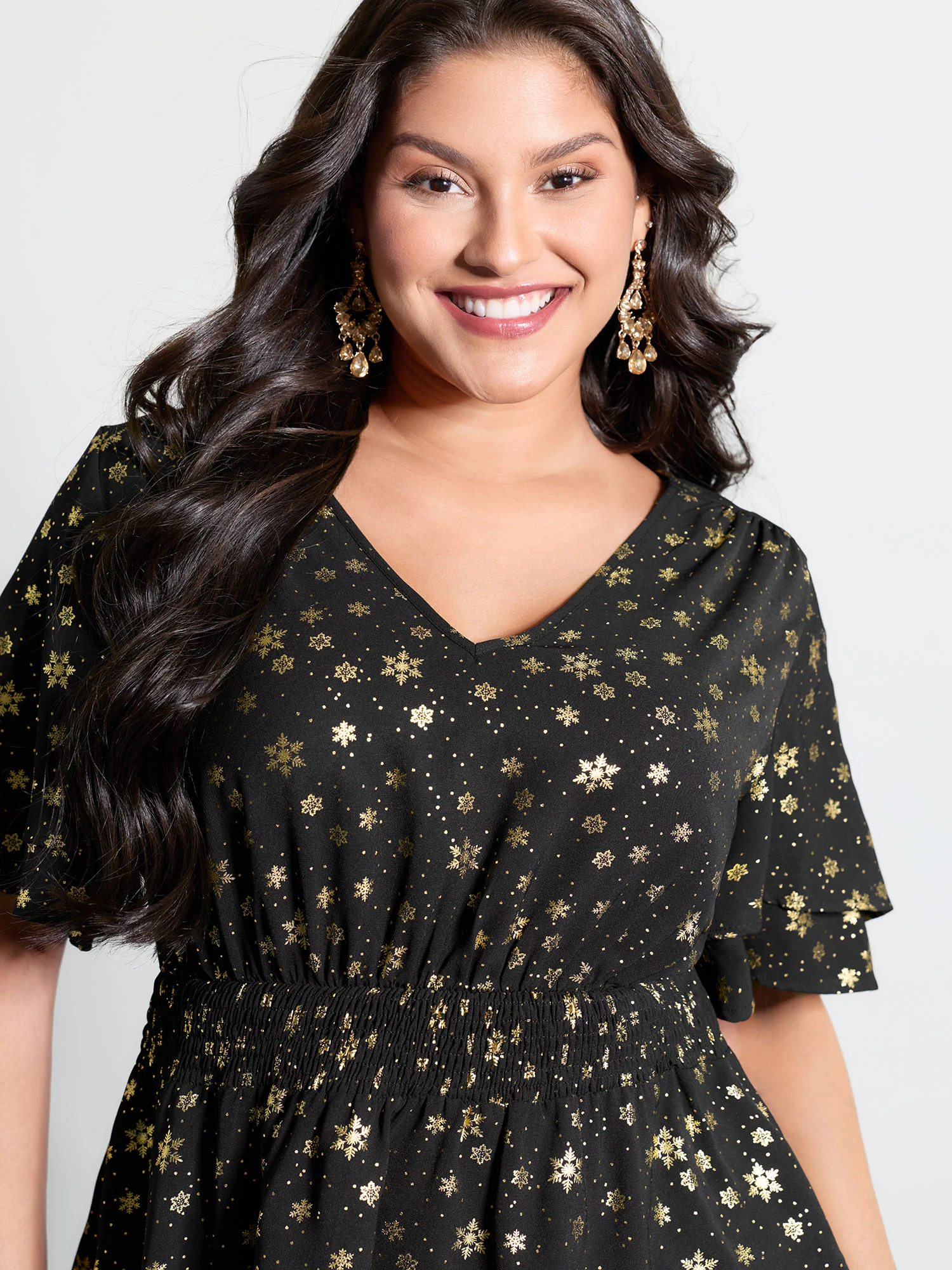 Gold Stamped Layered Ruffled Sleeve Blouse