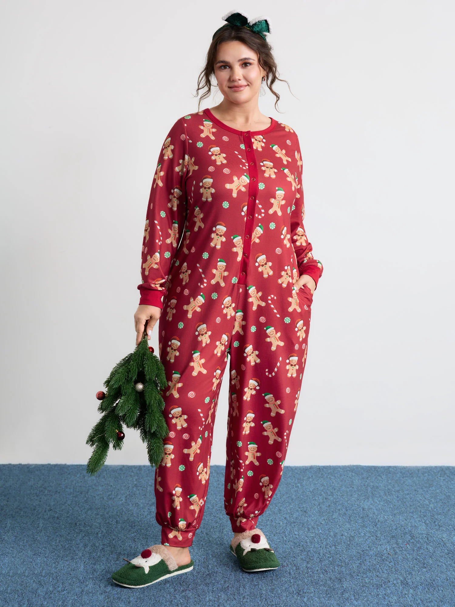 Gingerbread Print Button Placket Jumpsuit