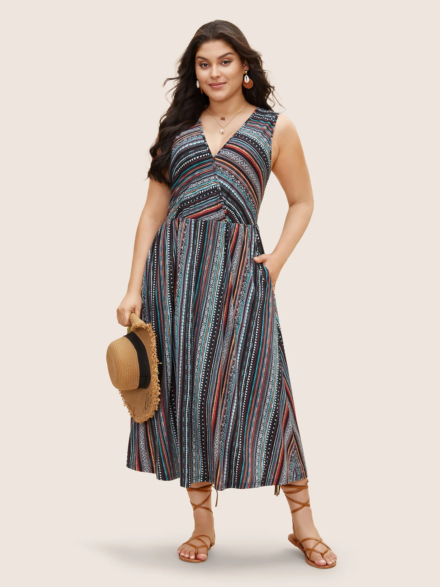 Overlap Collar Bandana Striped Sleeveless Dress