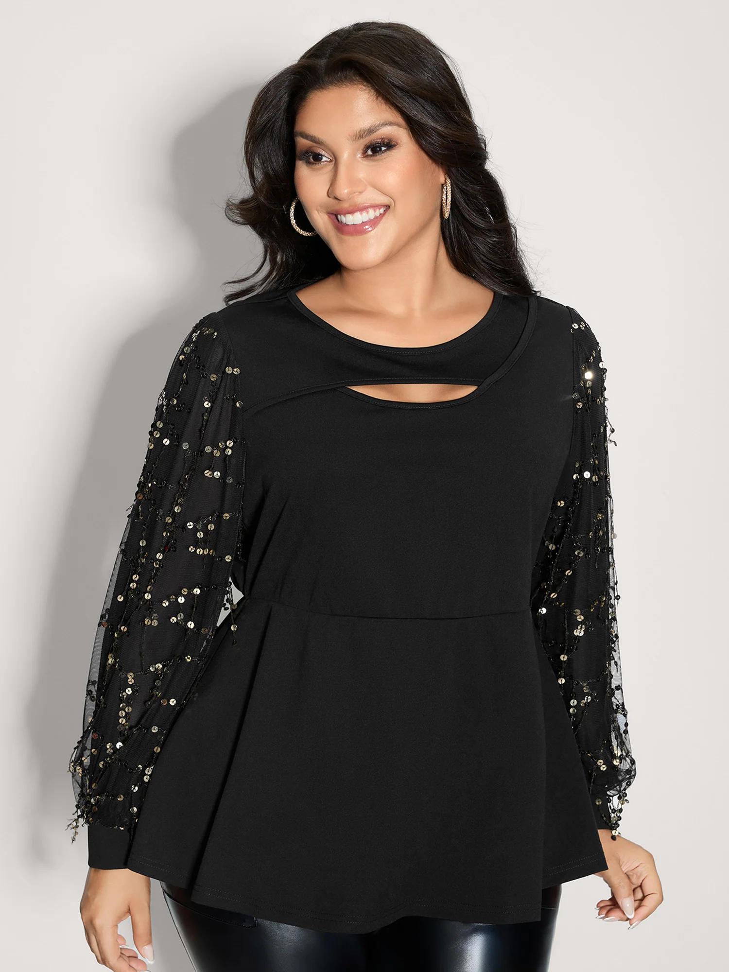 Sequin Sleeve Cut-Out Neck Top