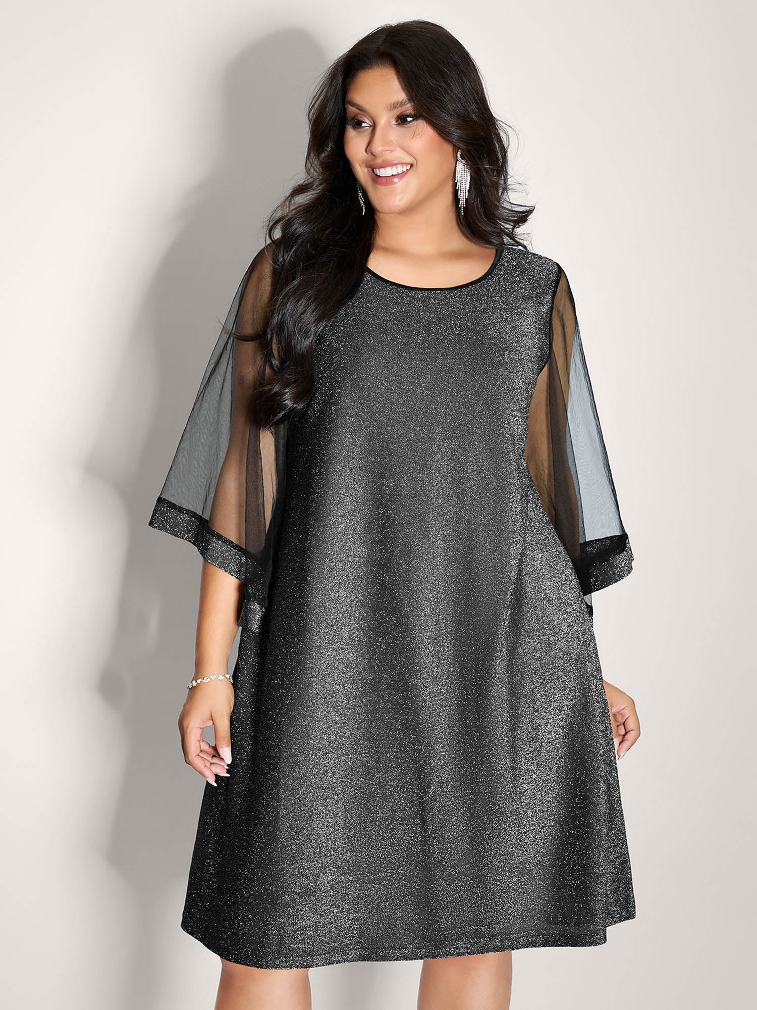 Lurex Pockets Lined Sheer Sleeve Midi Dress