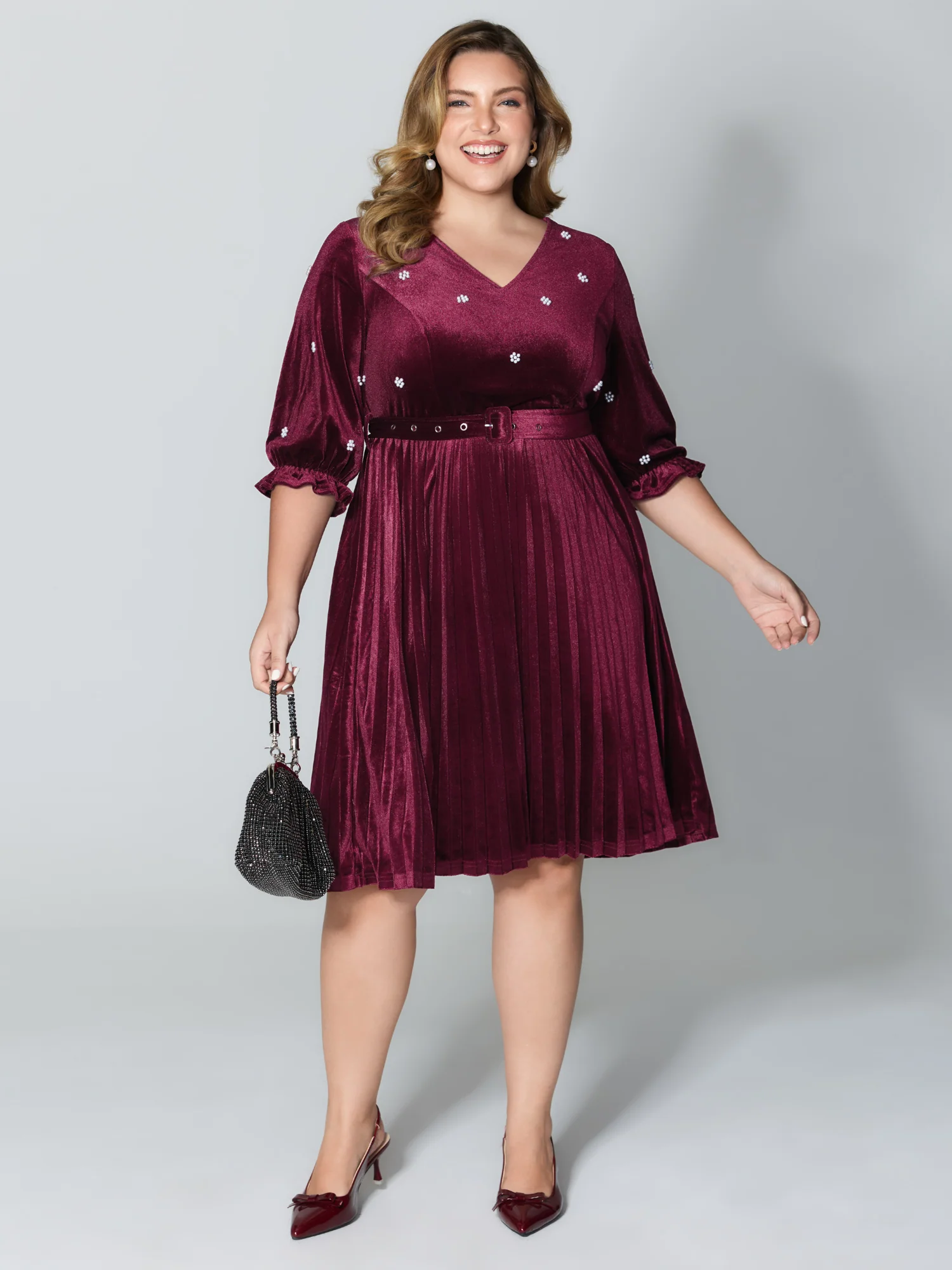 Velvet Beads Pleated Skirt Midi Dress