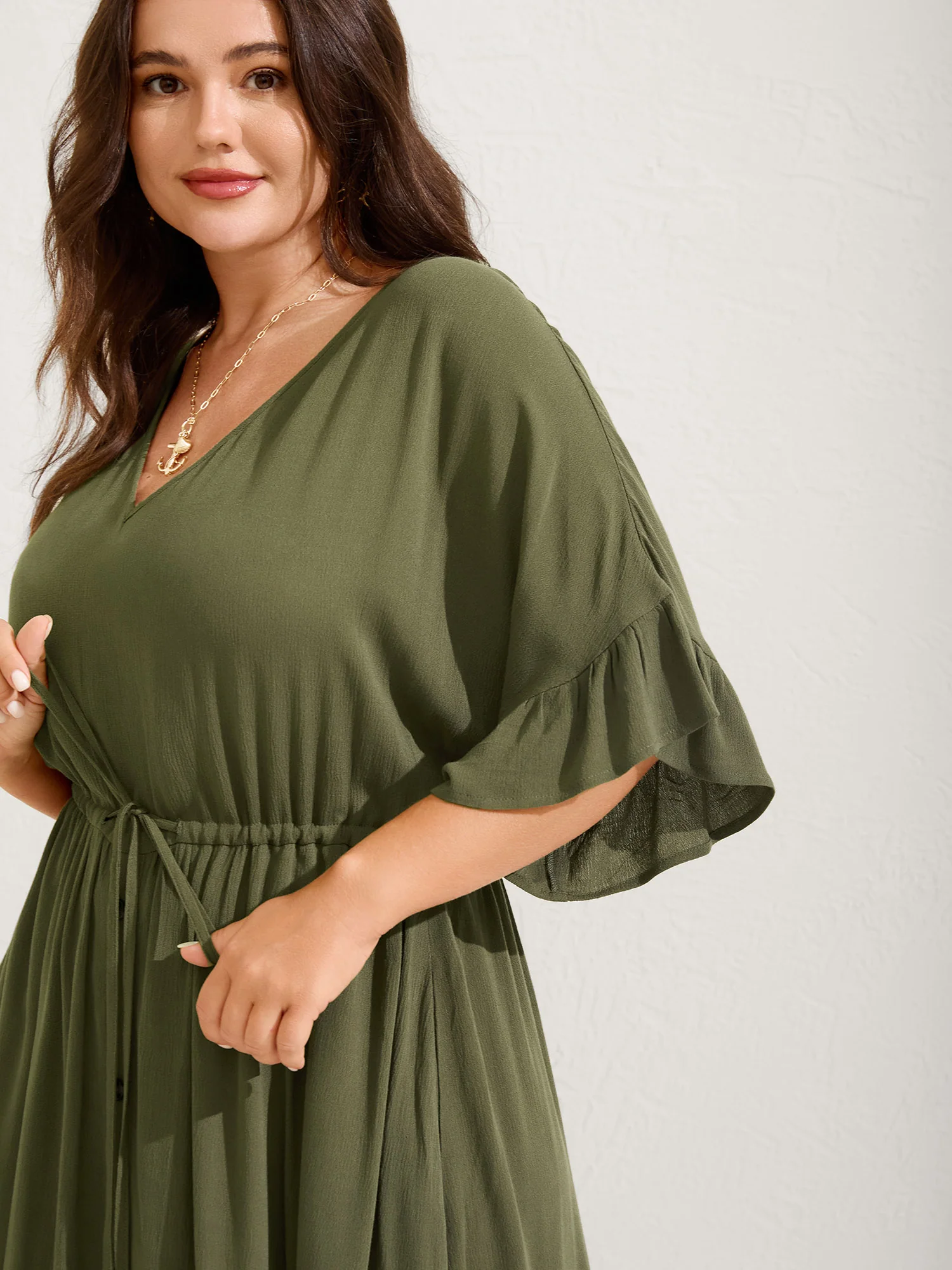 Waist-Defining Tie Ruffled Sleeve Midi Dress