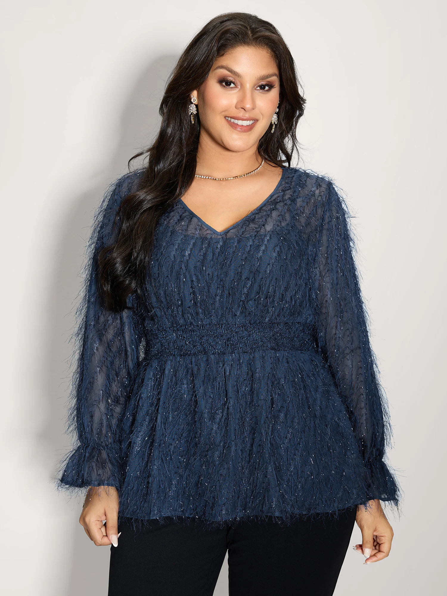 Textured Shirred Waist Sheer Blouse