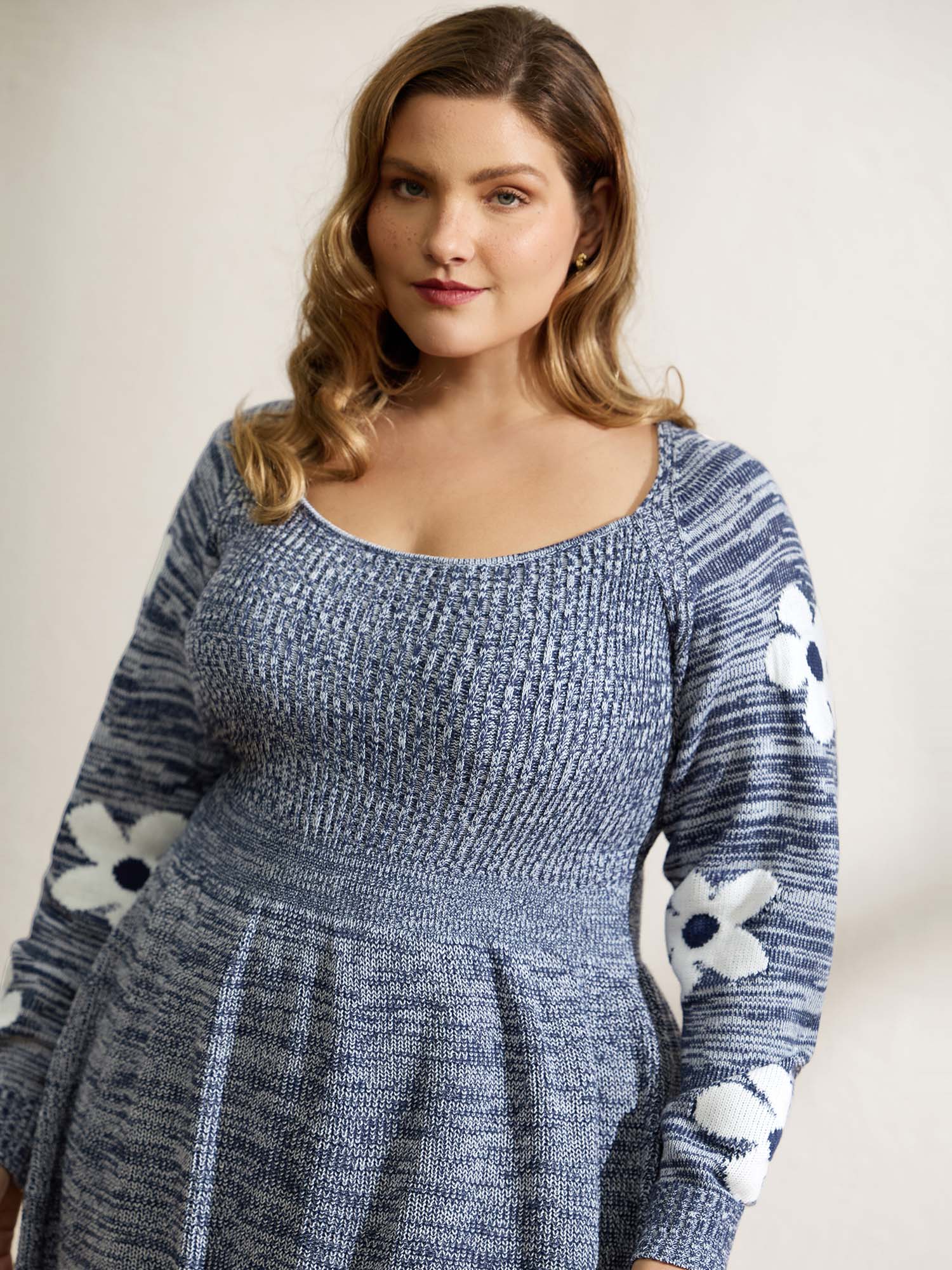 Floral Jacquard Print Mixed Yarn Knit Midi Dress