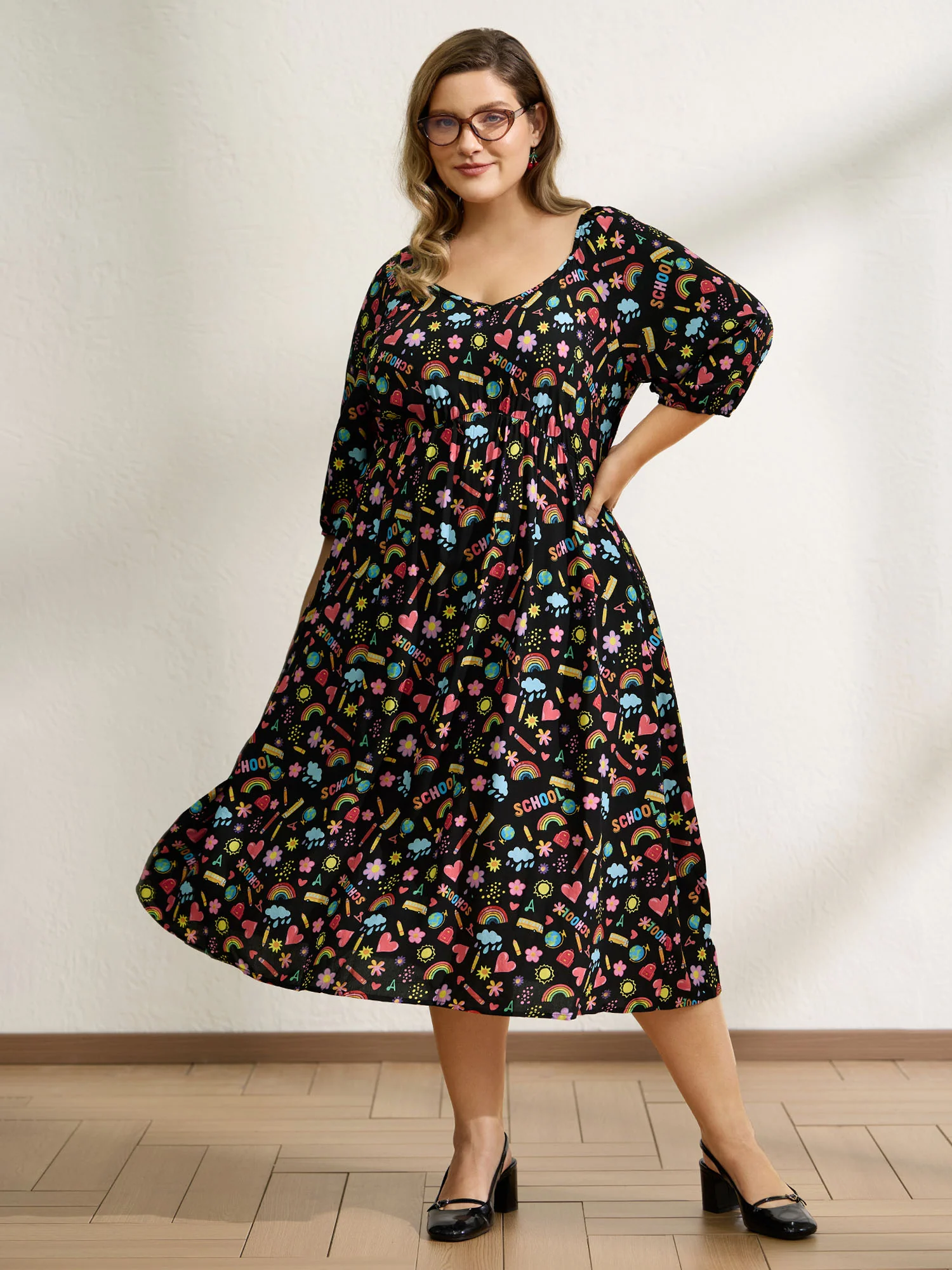 Playful School Print Rayon Deep Neck Midi Dress