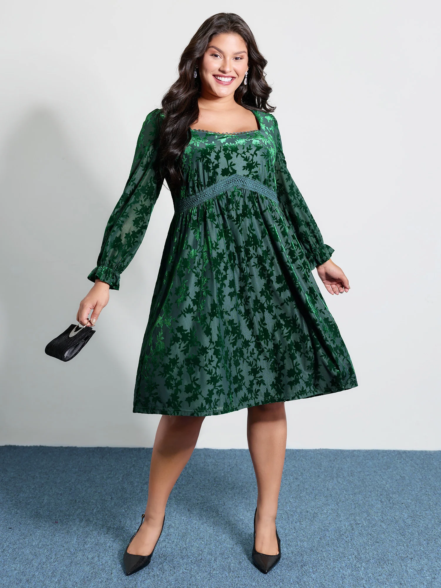 Velvet Floral Print Lace Pockets Party Dress