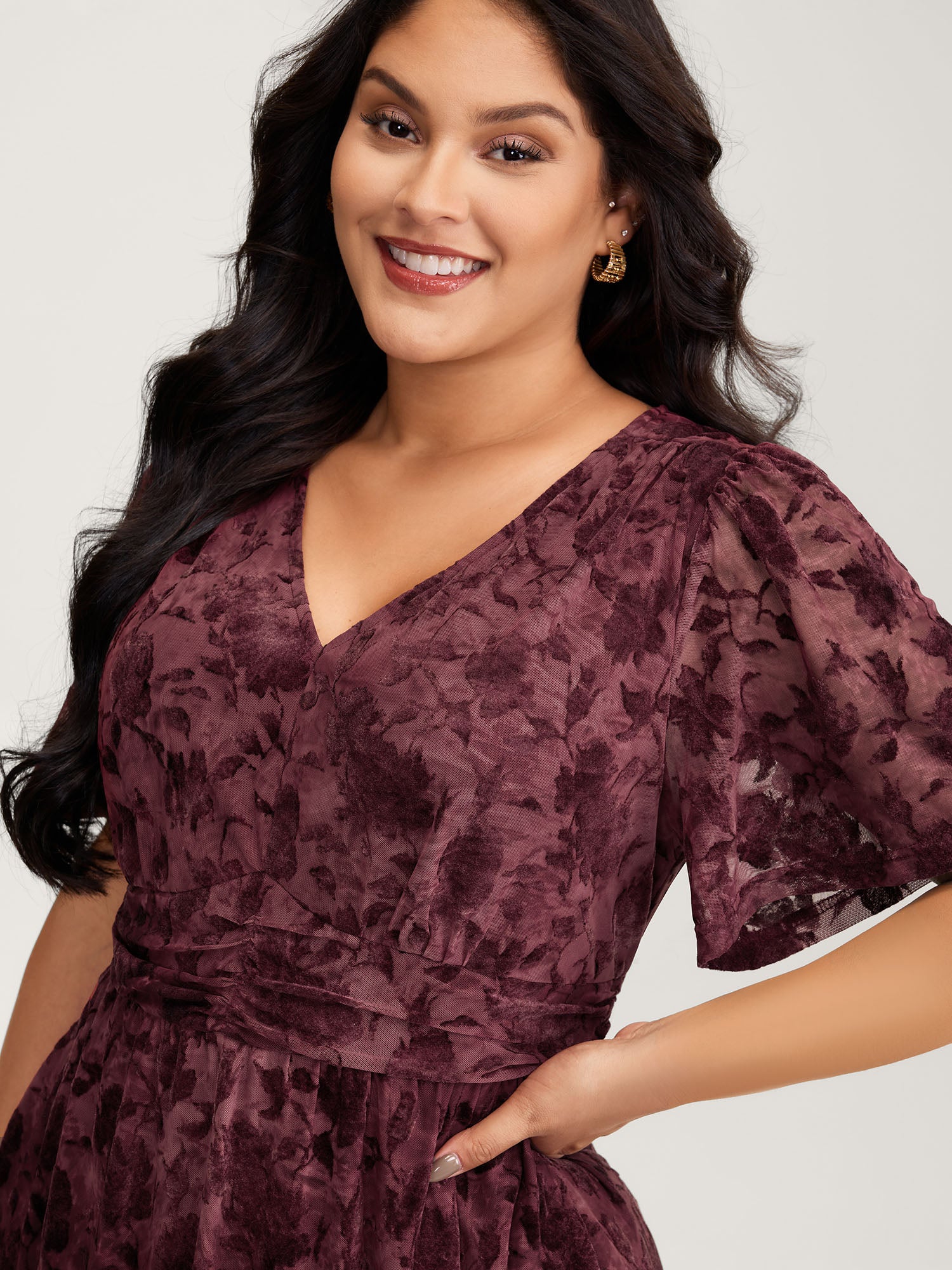 Velvet Jacquard Pleated Waist Sheer Midi Dress