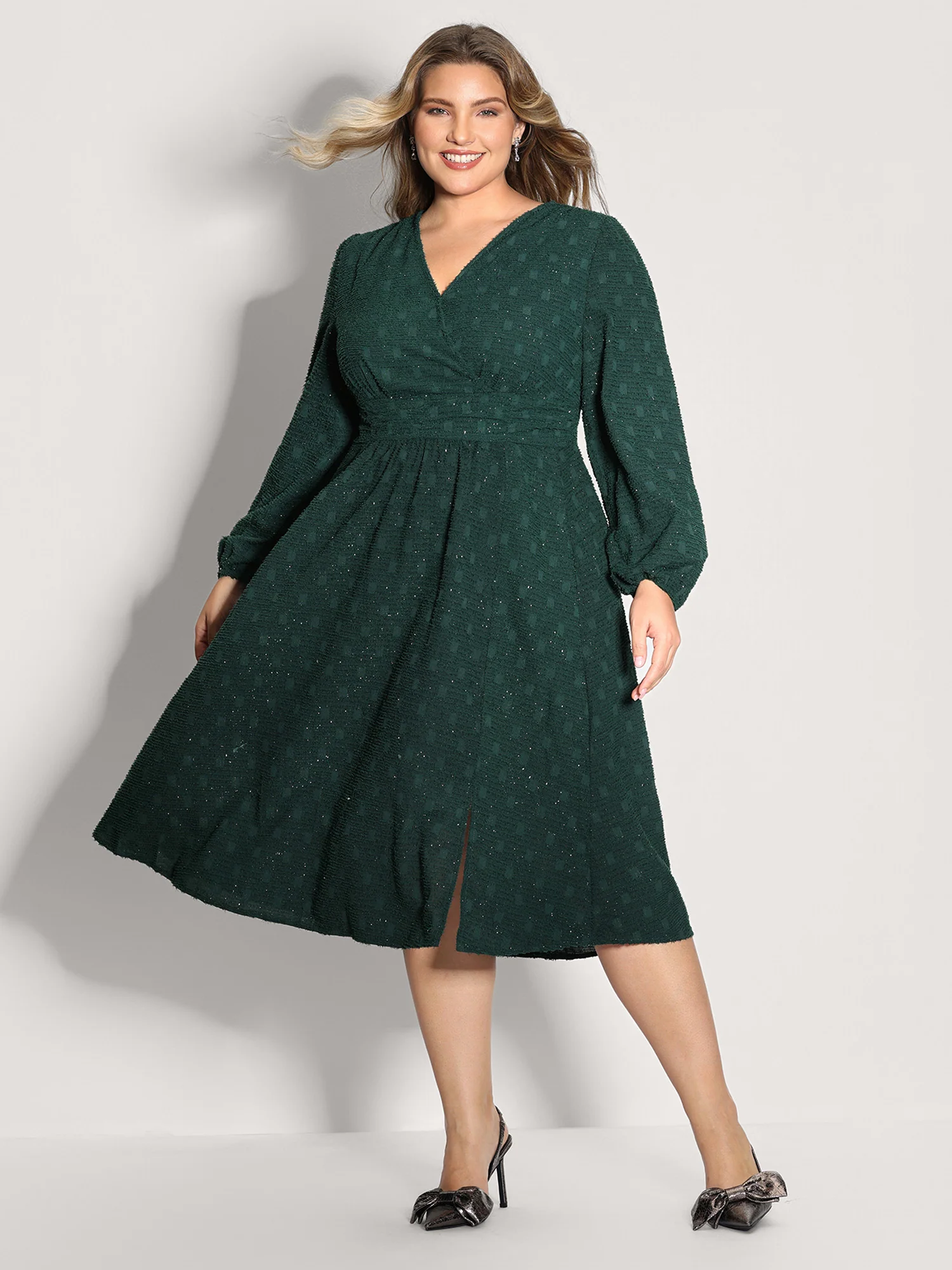 Woven Pleated Waist-Defining Wrap Midi Dress