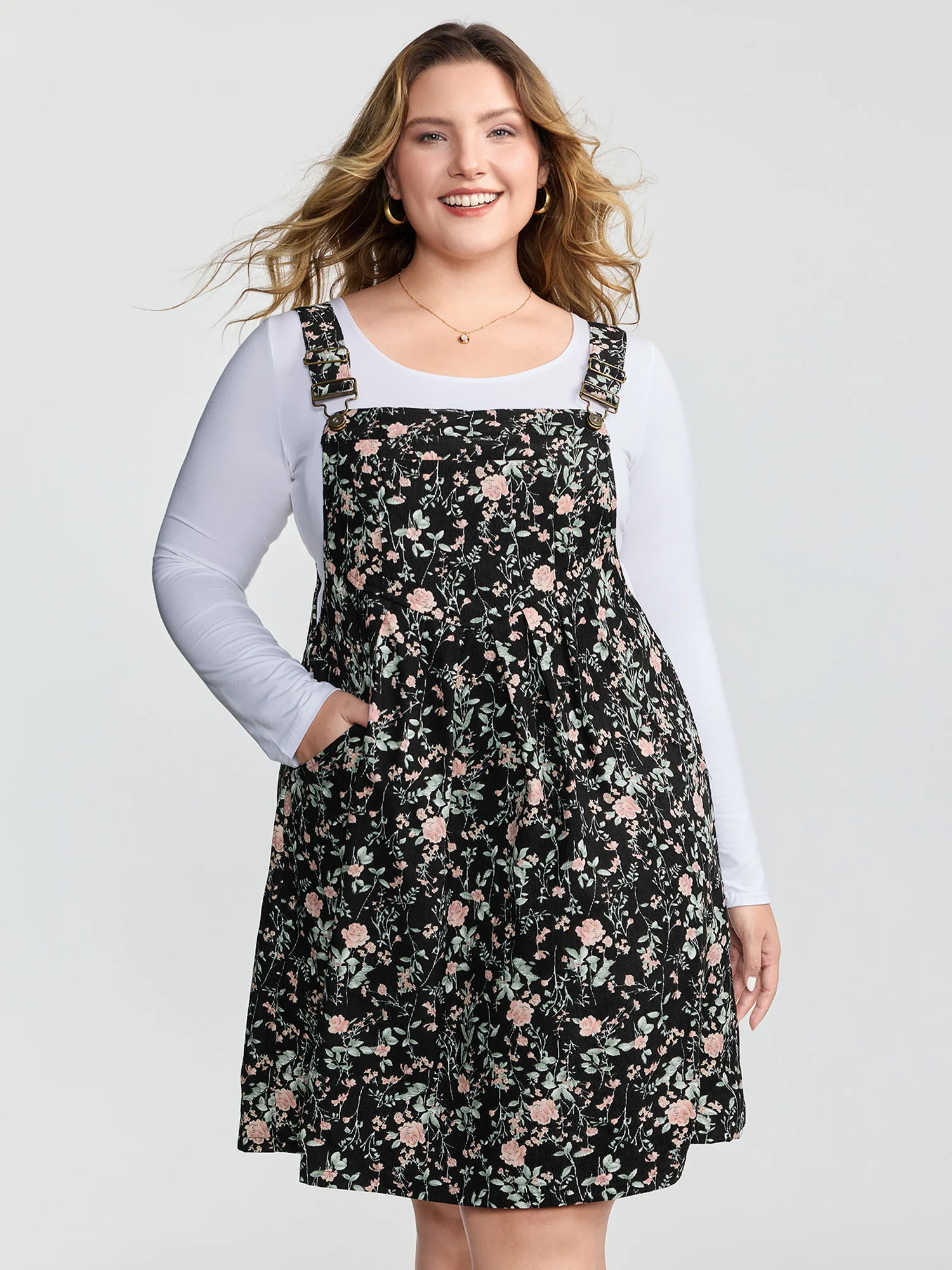 Floral Corduroy Adjustable Overall Strap Knee Dress