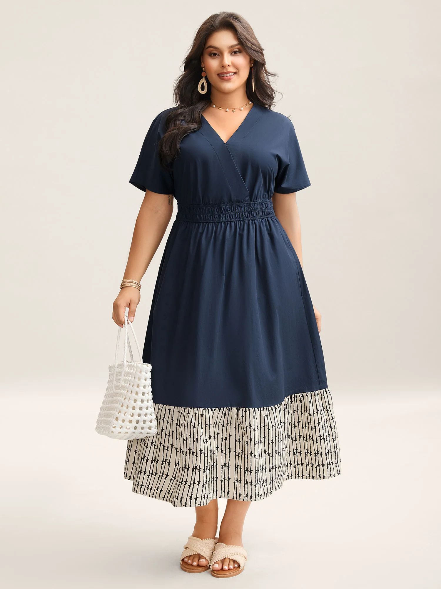 Cotton Color Block Cinched-Waist Spliced Maxi Dress