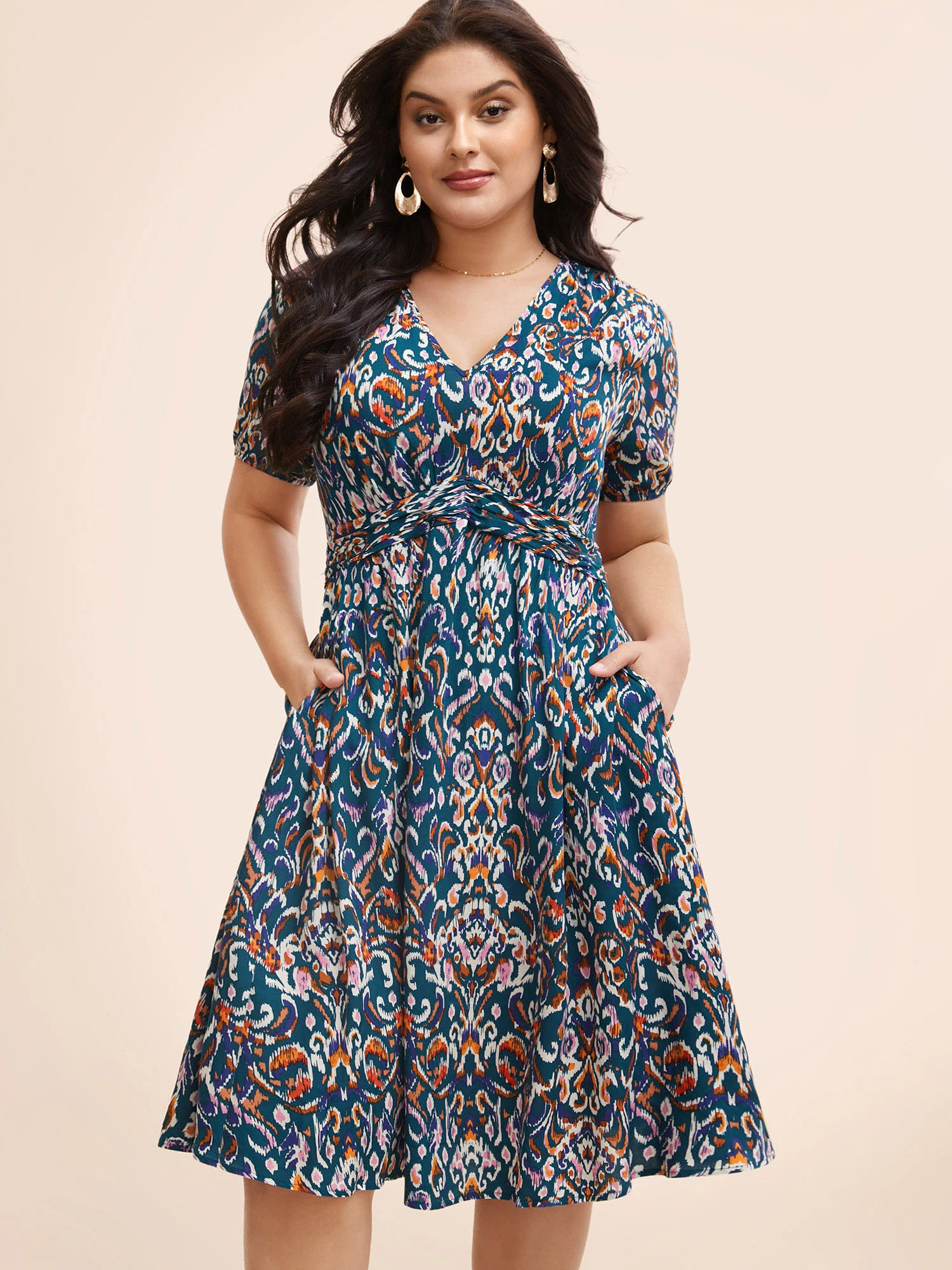 Bandana Print V Neck Shirred Gathered Dress