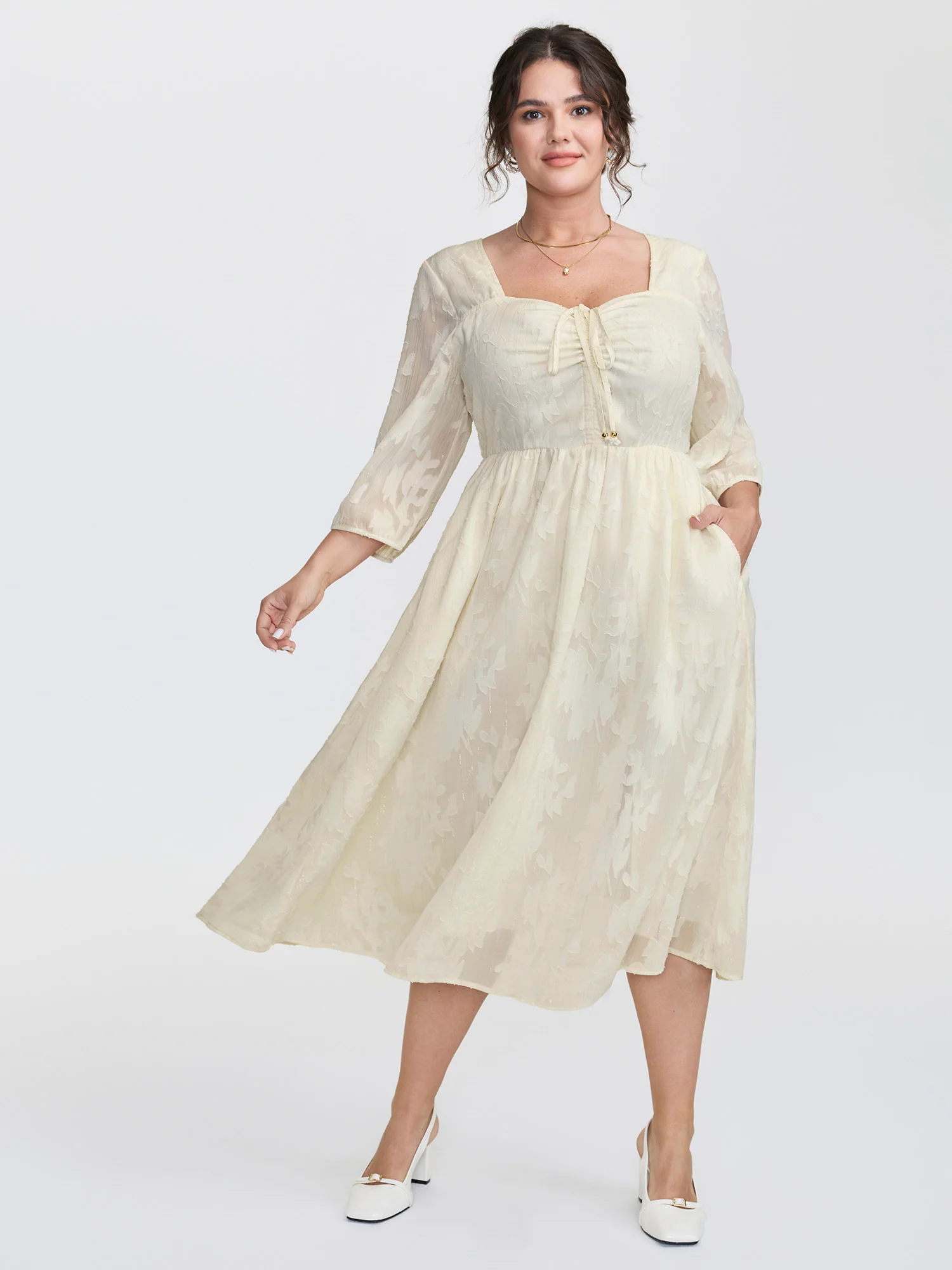 Textured Drawstring Bodice Flowy Midi Dress