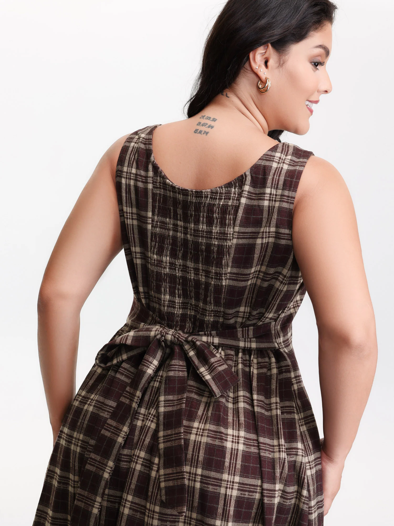 Retro Plaid Drop Waist Tie Midi Dress
