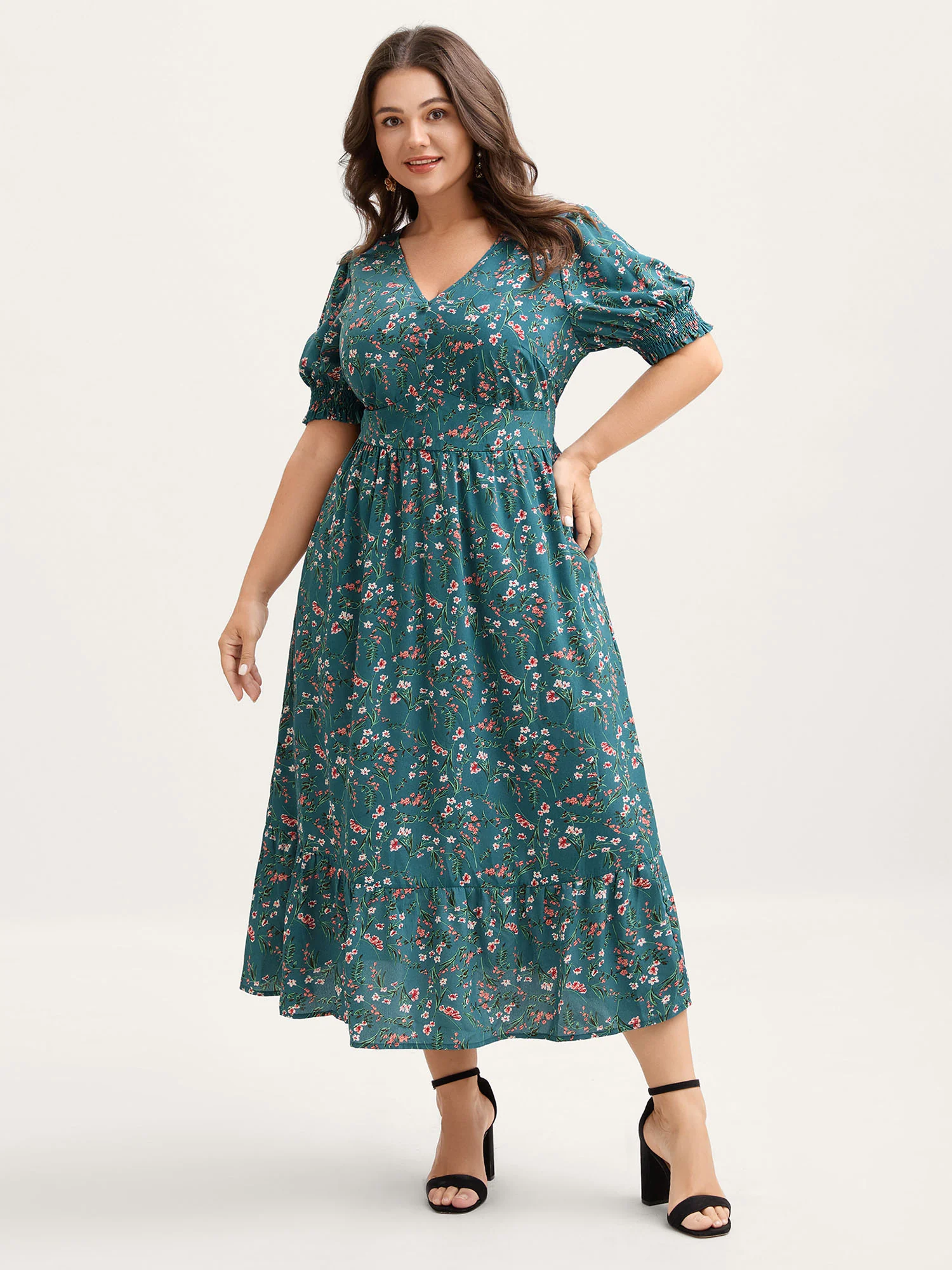 Retro Floral Print Button Detail Midi Dress