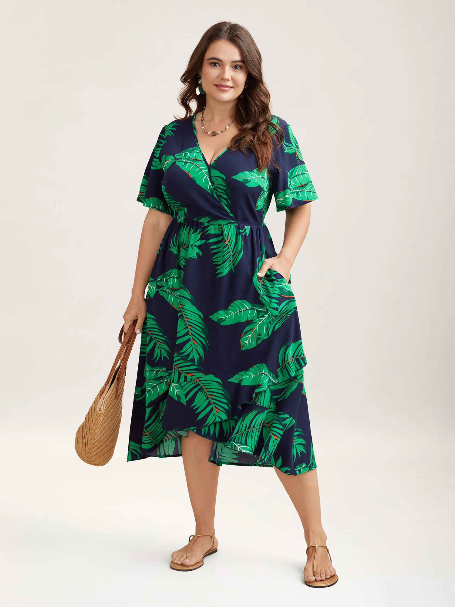 Tropical Leaf Print Surplice Neck Midi Dress