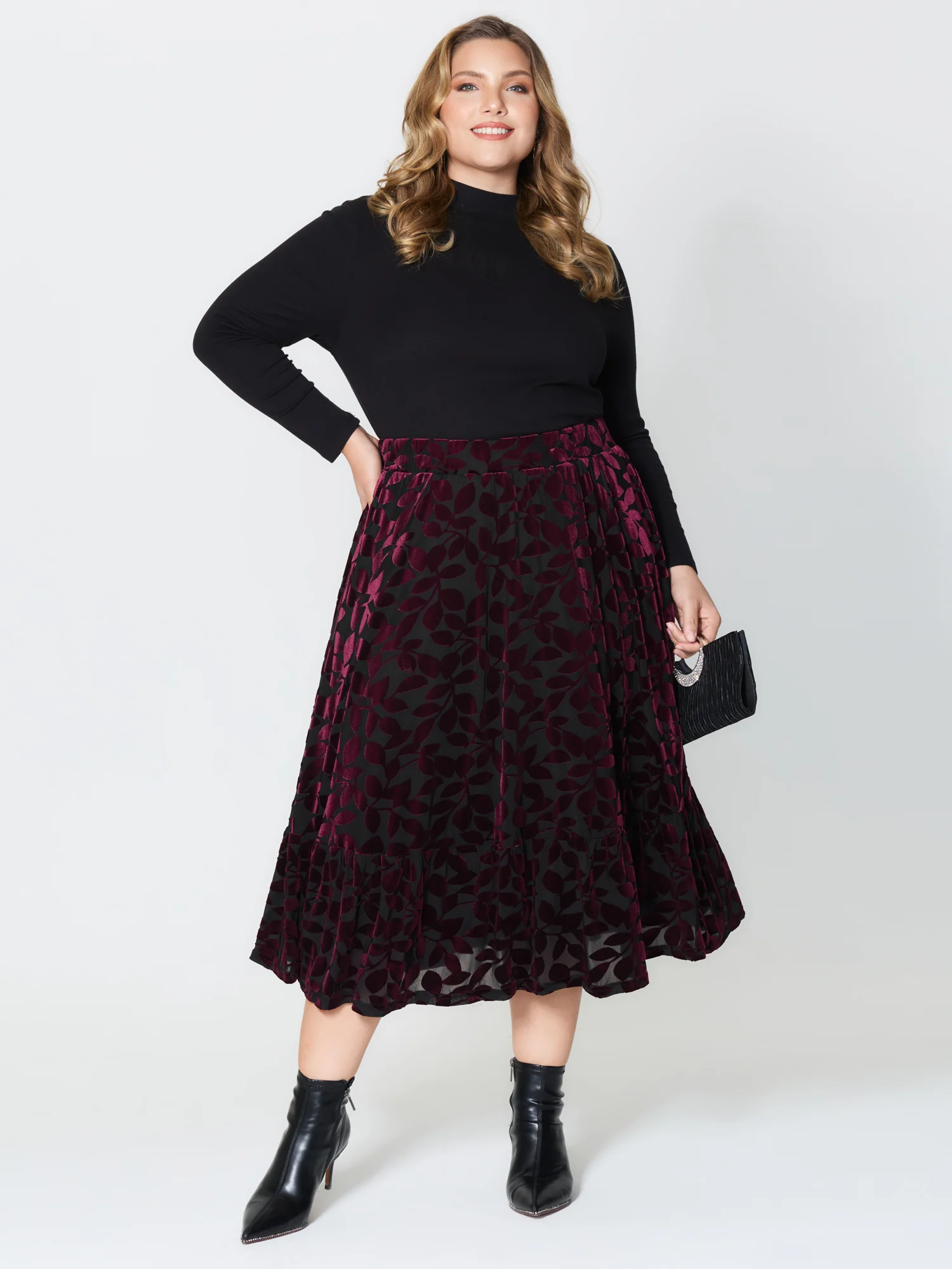 Laser-Cut Velvet Pleated Maxi Skirt