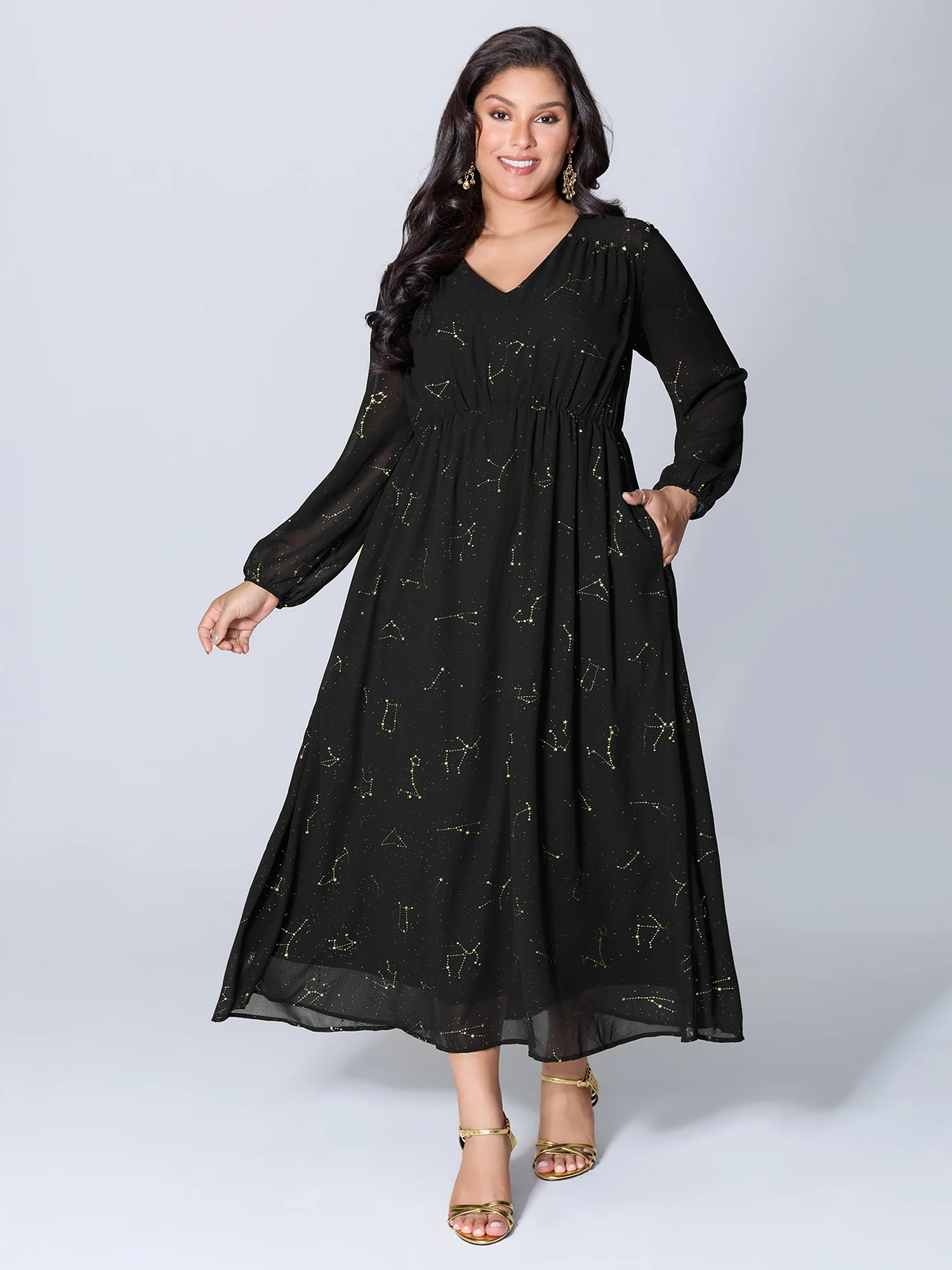 Shimmery Hot Stamped Shirred Pockets Party Dress