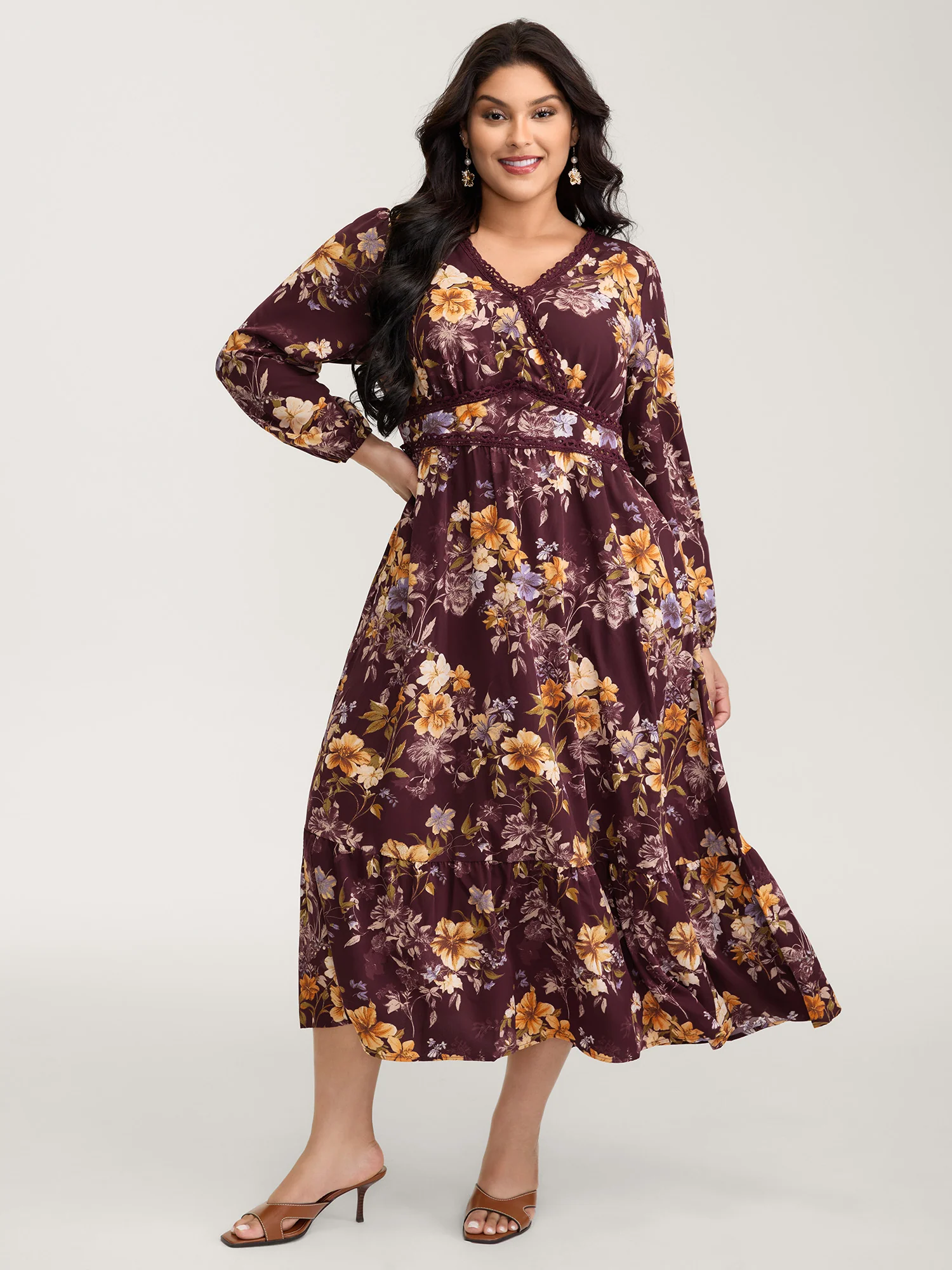 Floral Lace Print Pockets Maxi Dress