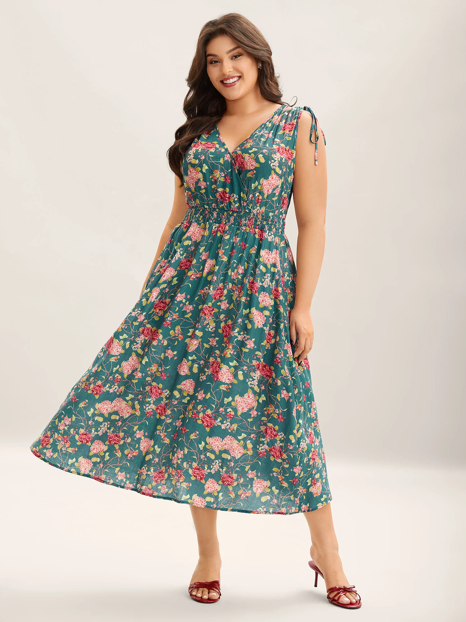 Floral Print Shoulder Tie Pockets Midi Dress