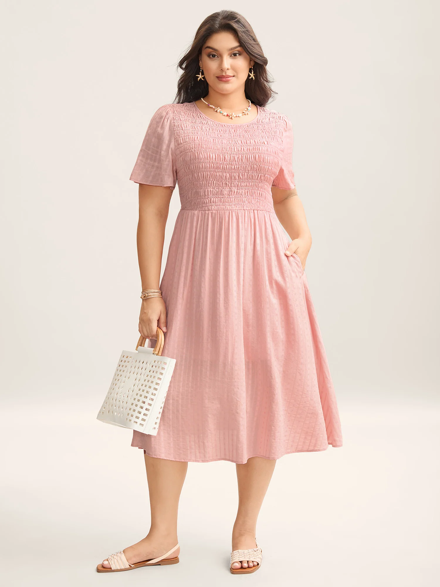 Cotton Textured Shirred Bodice Pleated Midi Dress