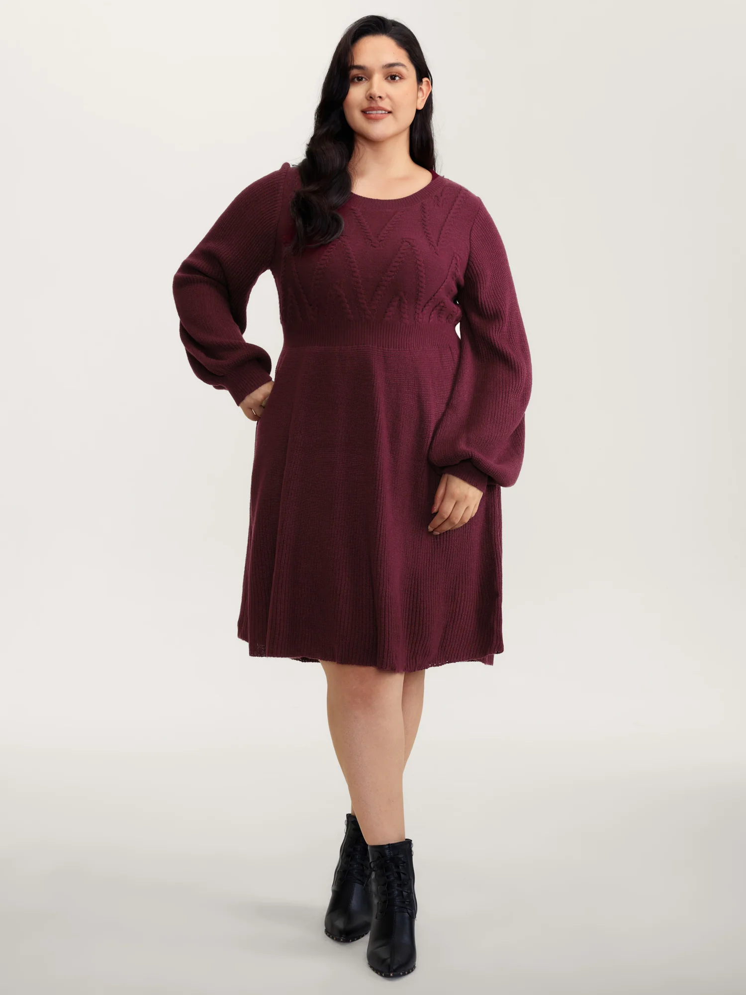 Cable Knit Elastic Waist Midi Sweater Dress