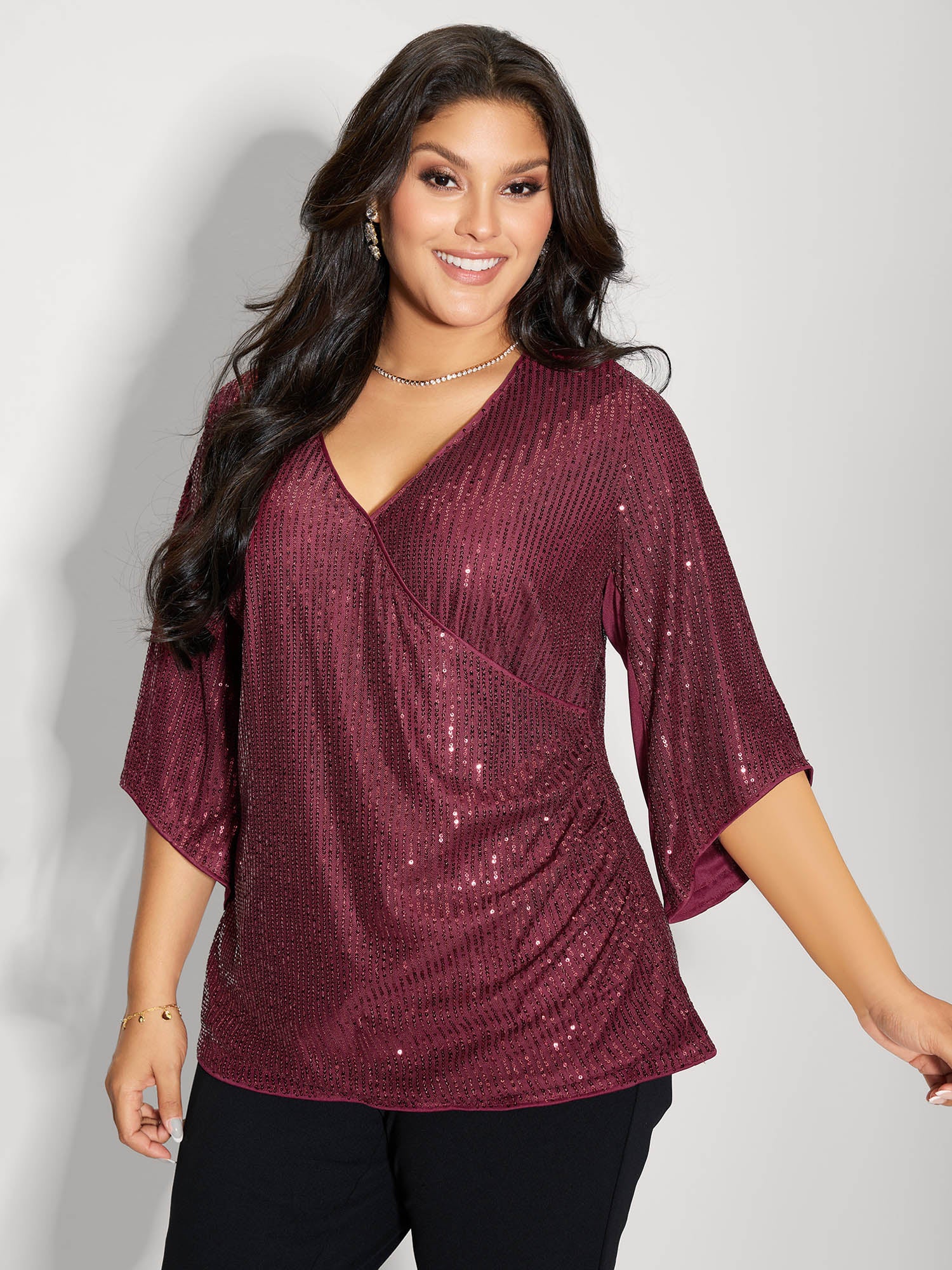 Shimmery Sequin Gathered Flared Sleeve Blouse