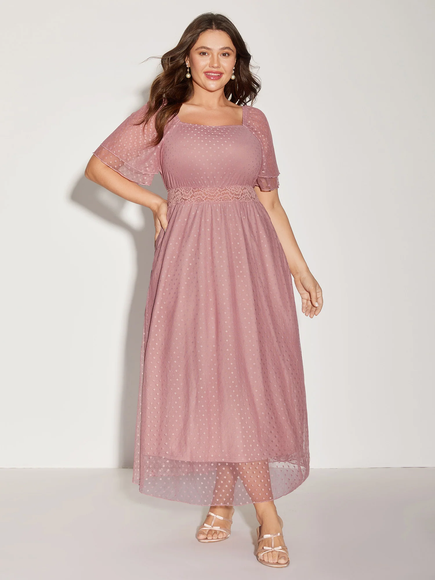 Textured Dot Lace Trim Midi Dress