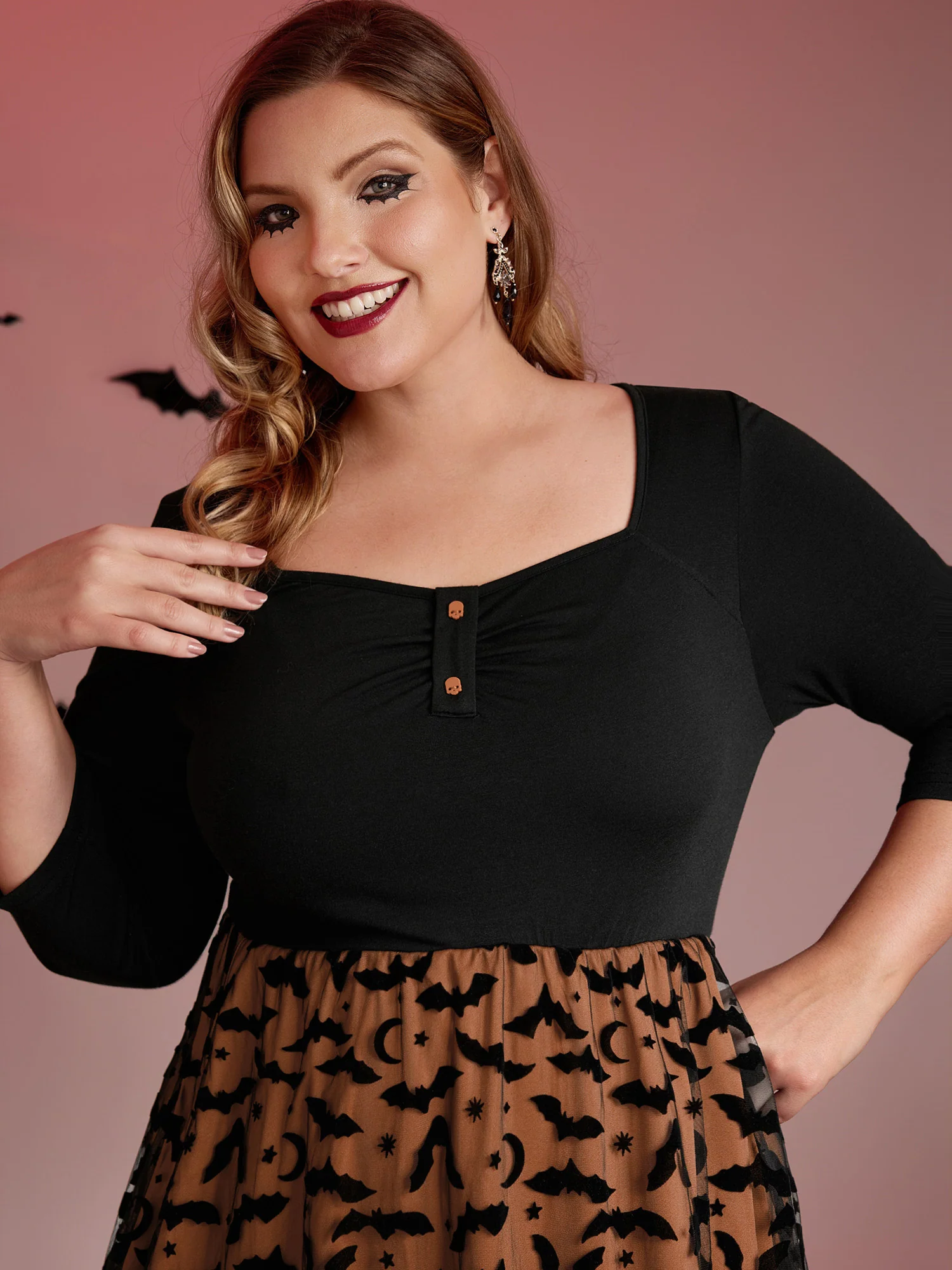 Bats Print Halloween Sheer Pockets Maxi Dress