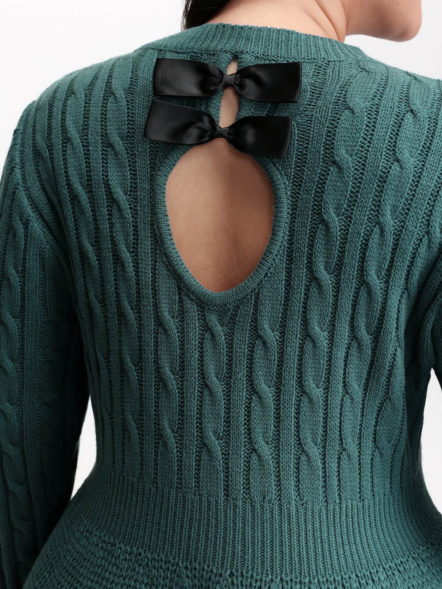 Back Cut Out Bows Cable Knit Sweater Dress