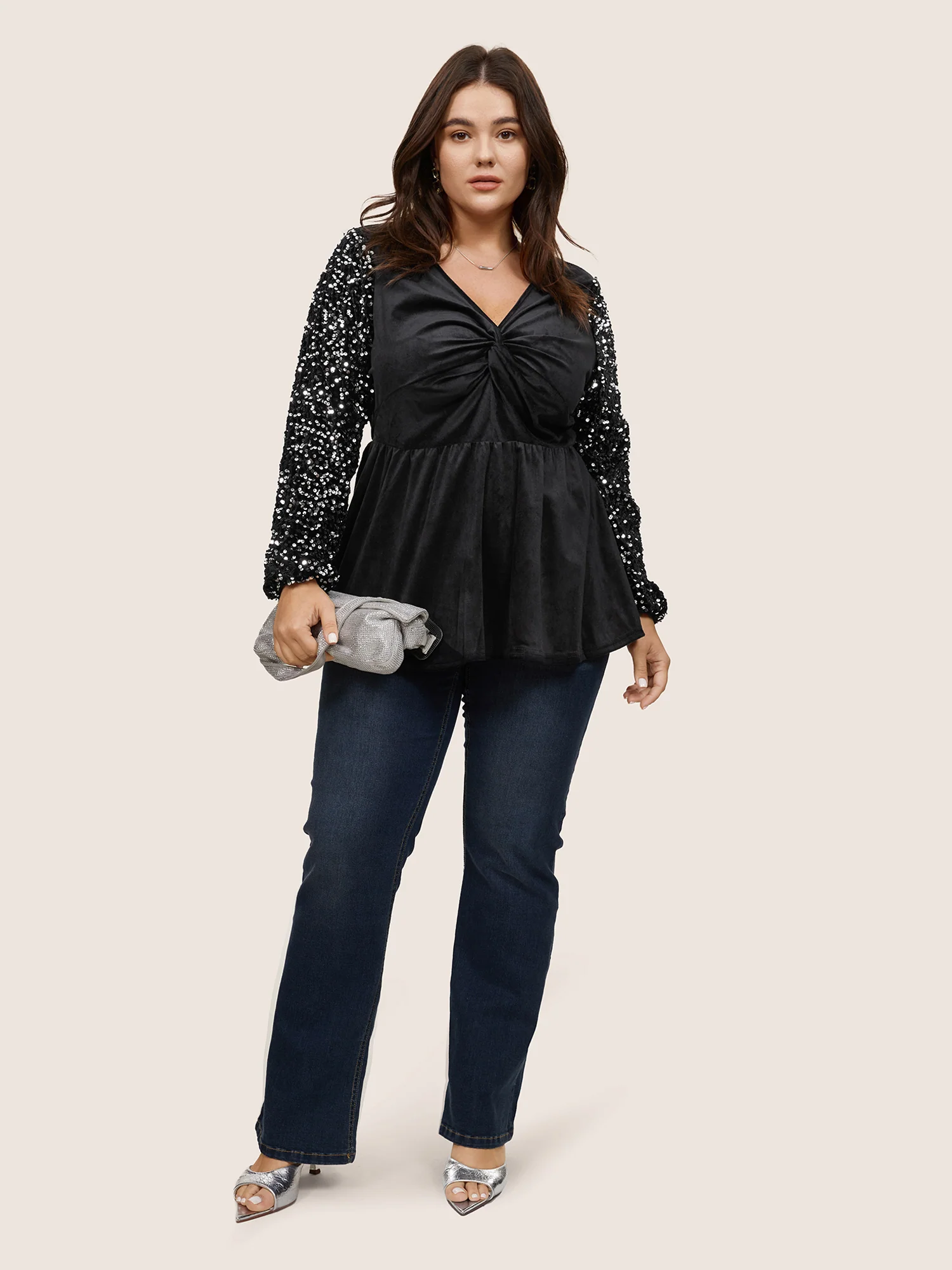 Patchwork Velvet Twist Front Elastic Waist Sequin Blouse