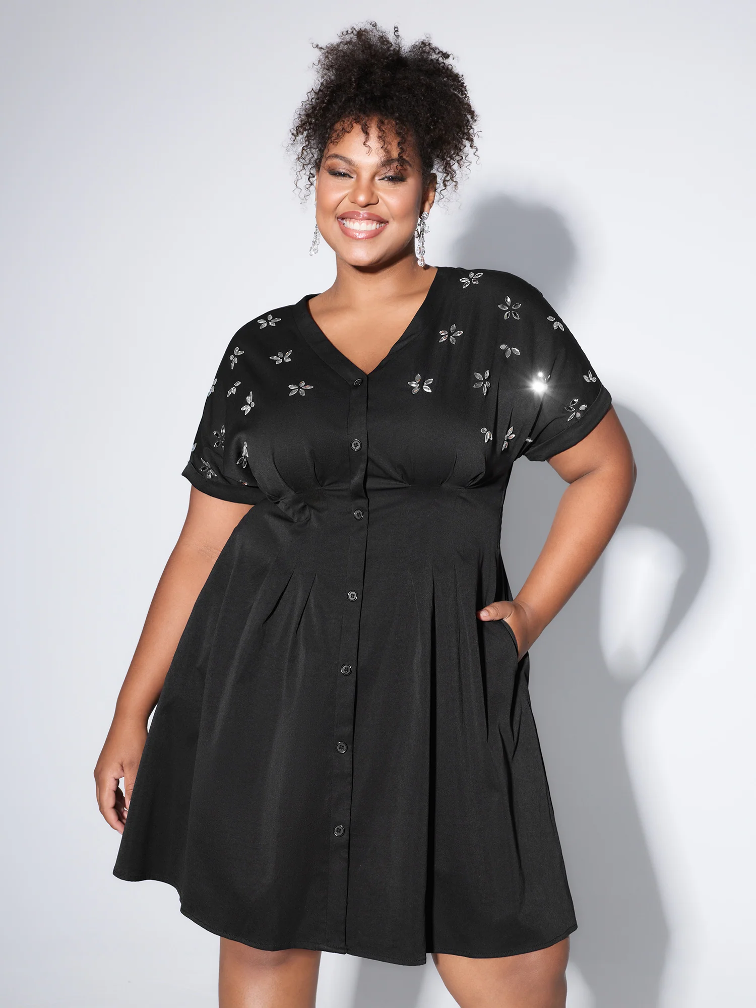 Rhinestone Cinched-Waist Button Mini Dress