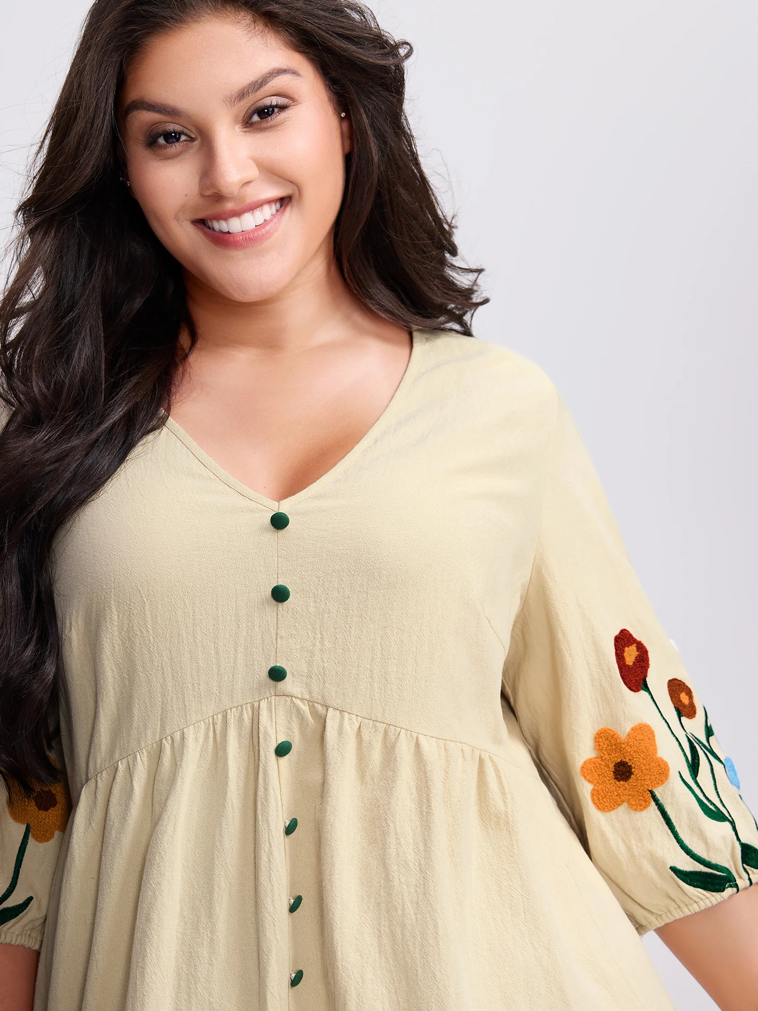 Floral Embroidery Button Front Knee-Length Dress