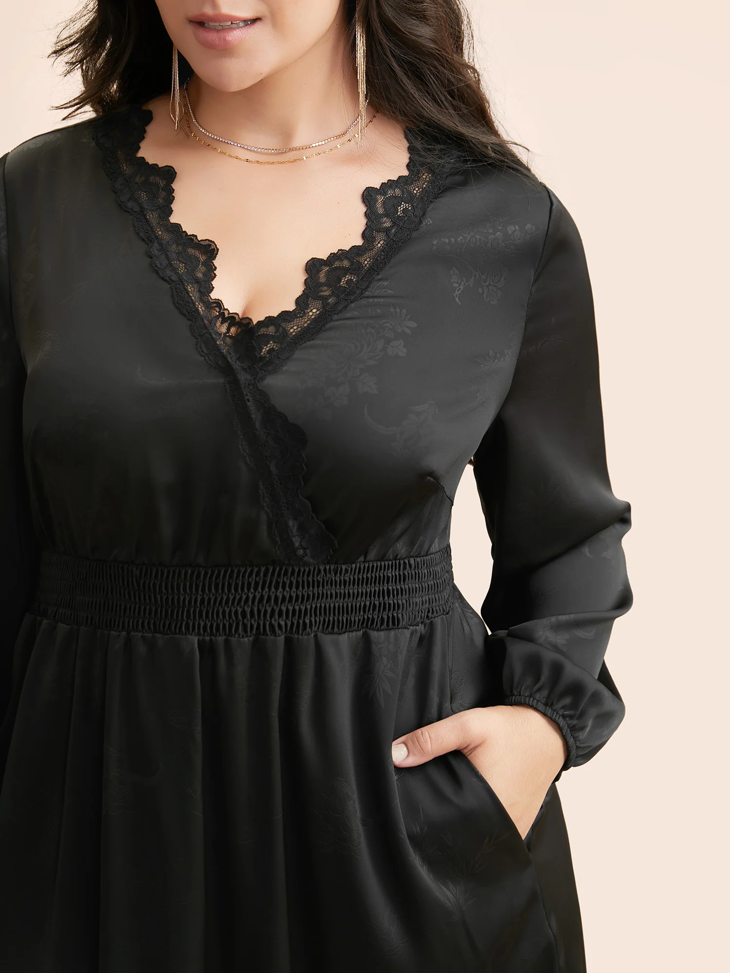 Overlap Collar Textured Shirred Lace Trim Dress