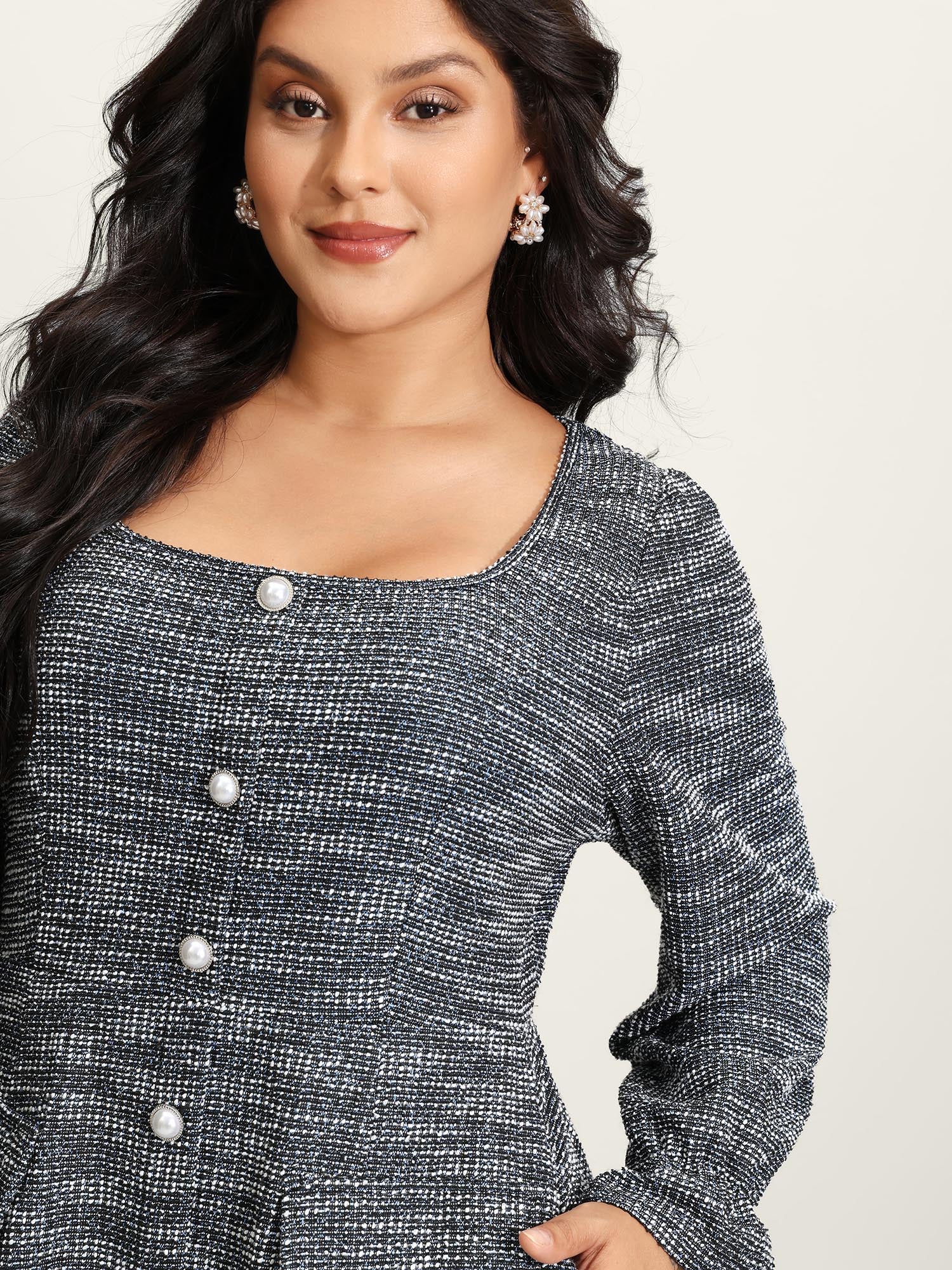 Tweed Knit Pearl Button Stretchy Midi Dress