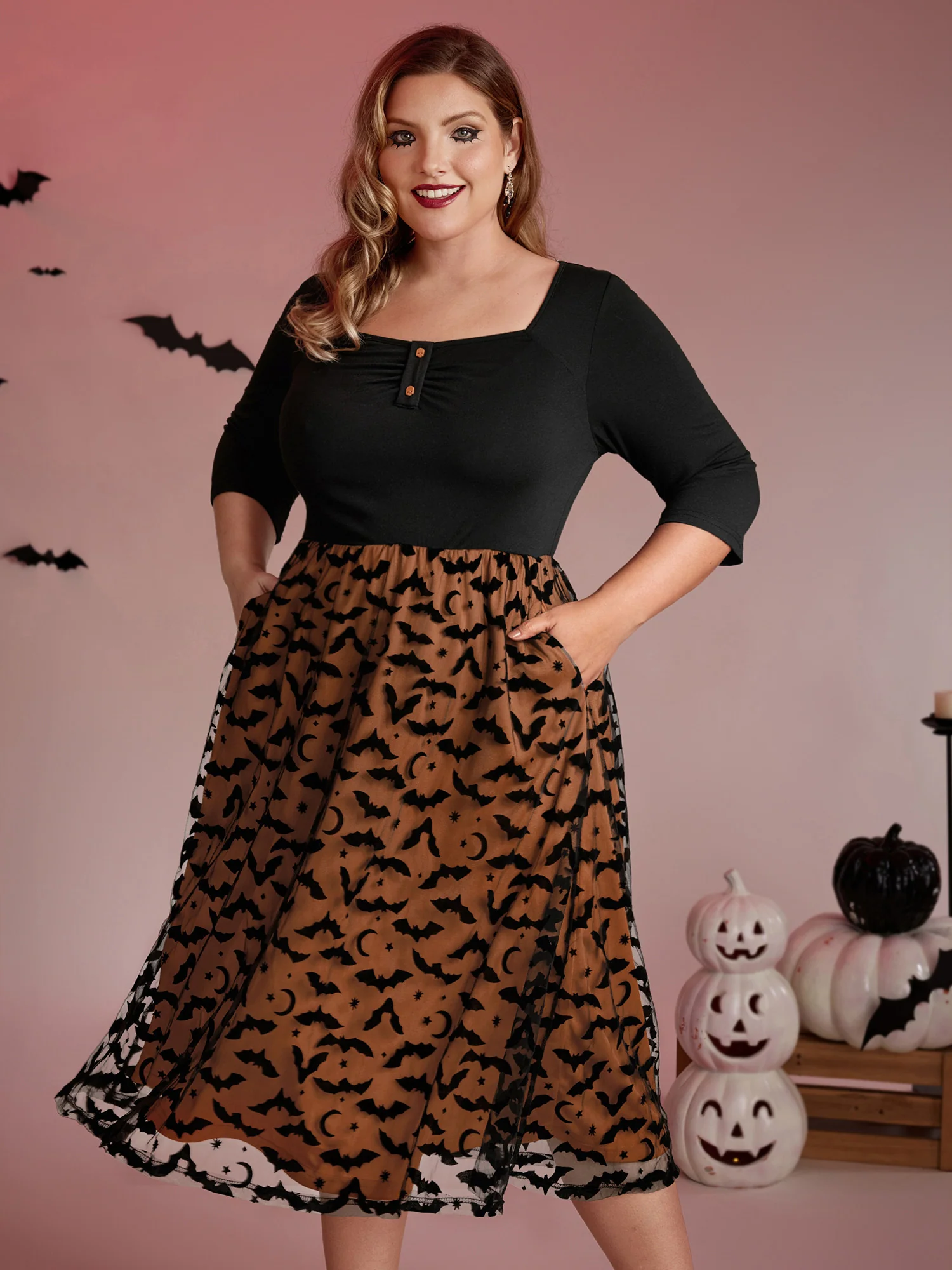 Bats Print Halloween Sheer Pockets Maxi Dress