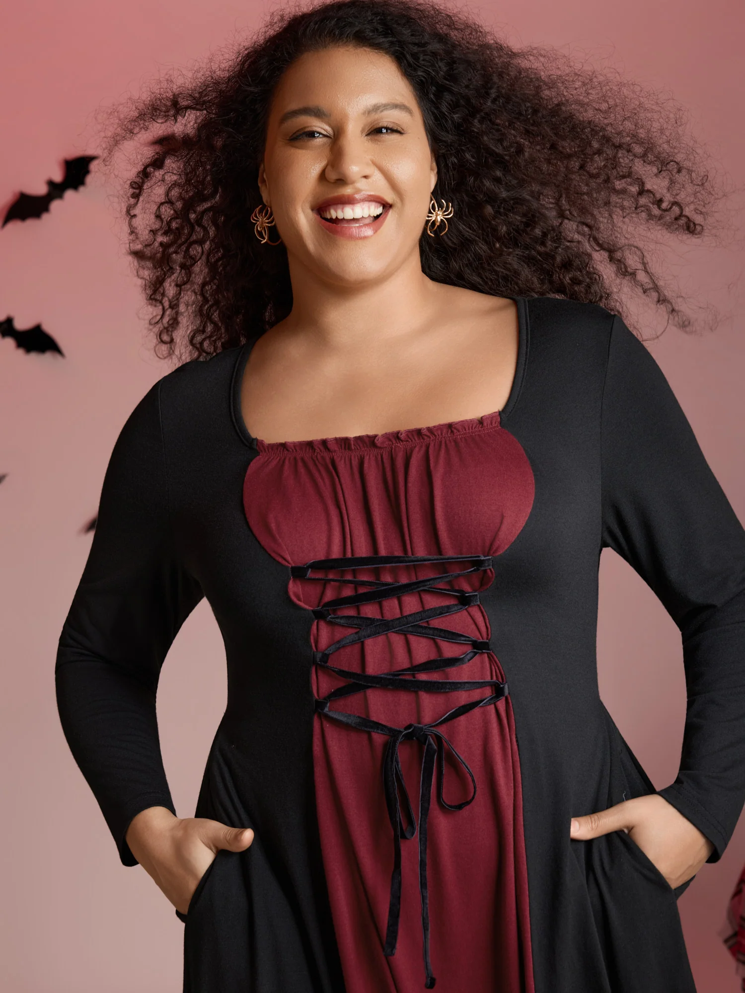 Stretchy Knit Adjustable Tie Frill Trim Midi Dress