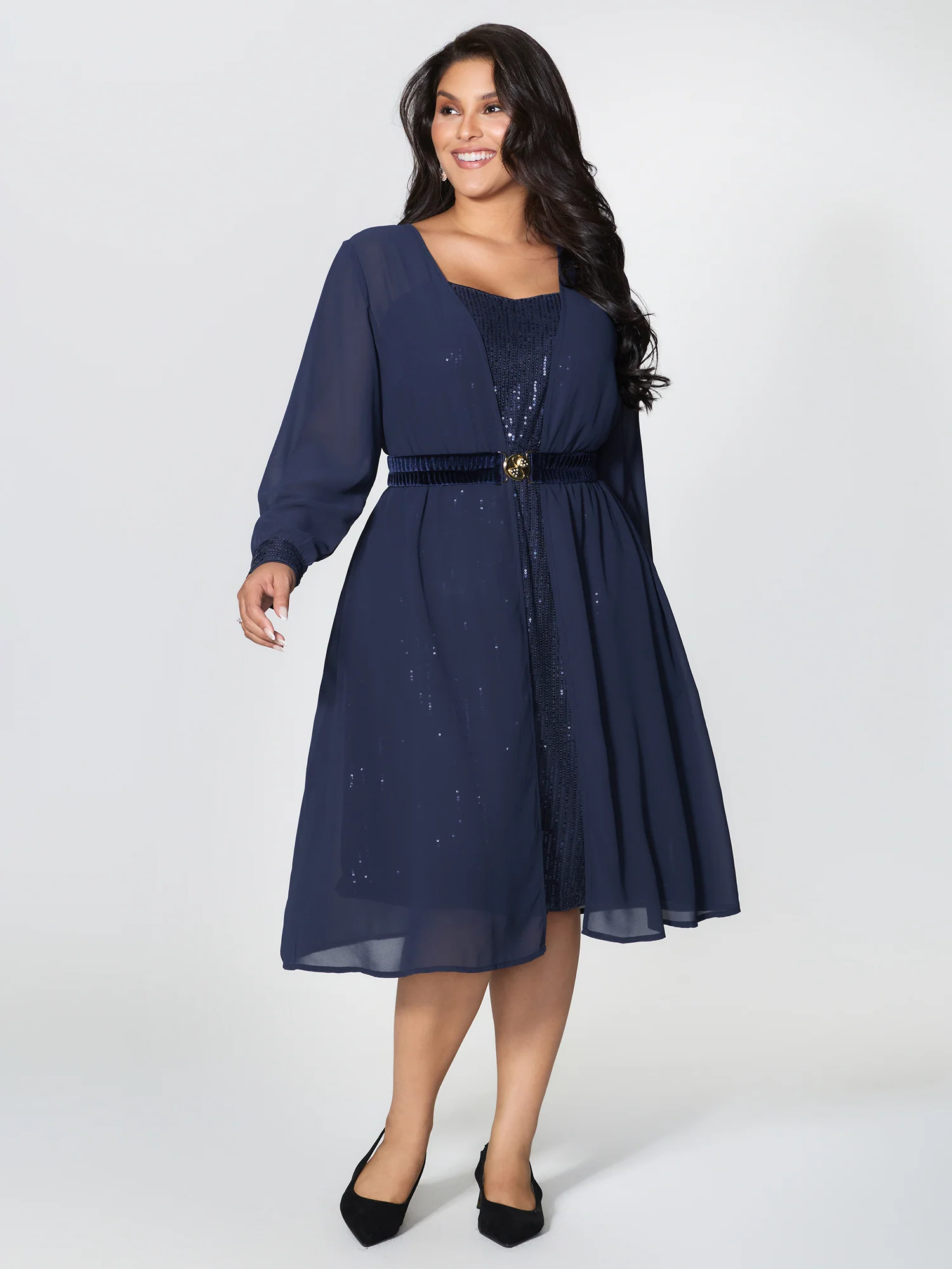 Two-Piece Belted Stretchy Midi Dress