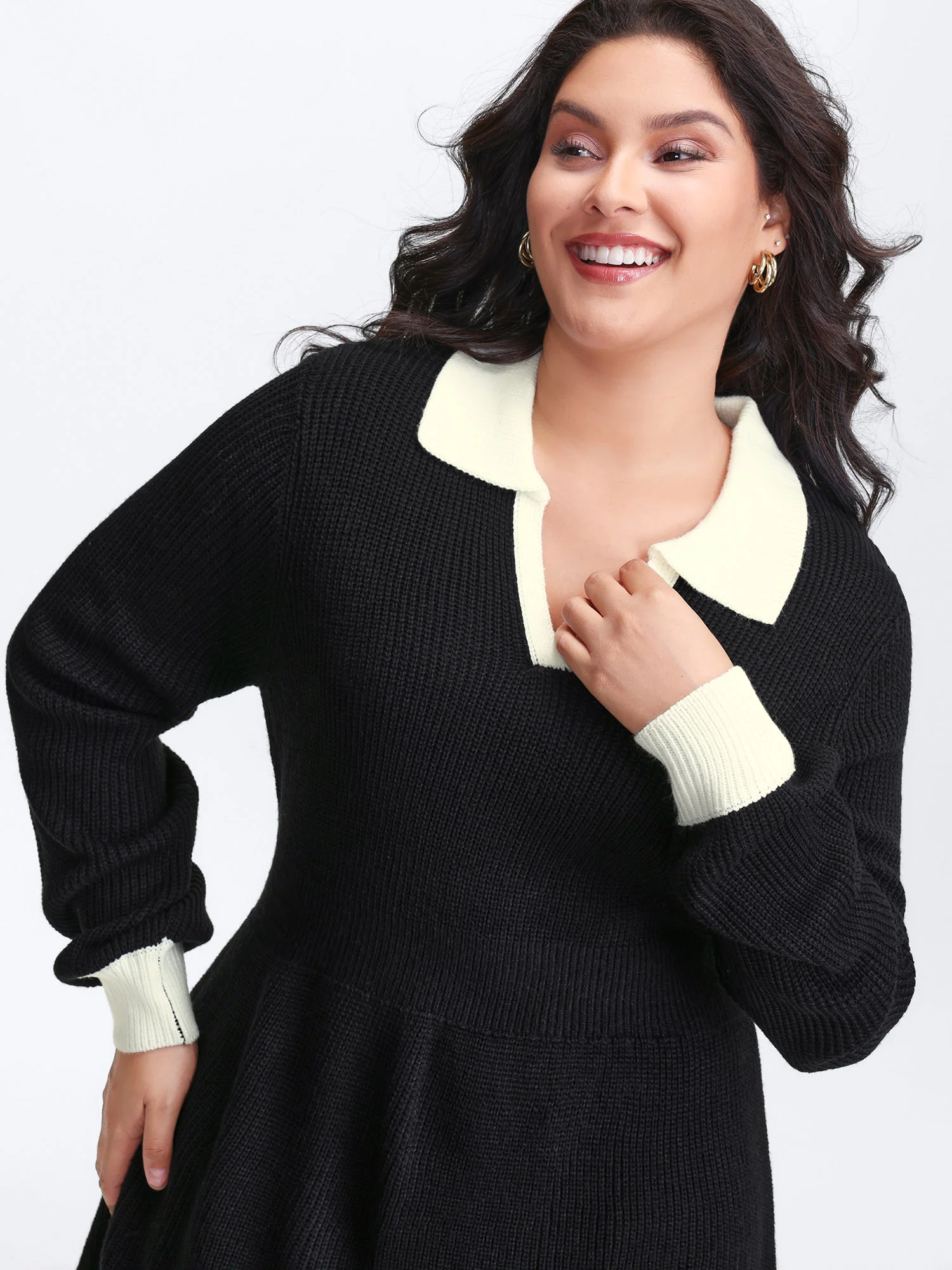 Polo Collar Textured Waist Defining Knit Dress