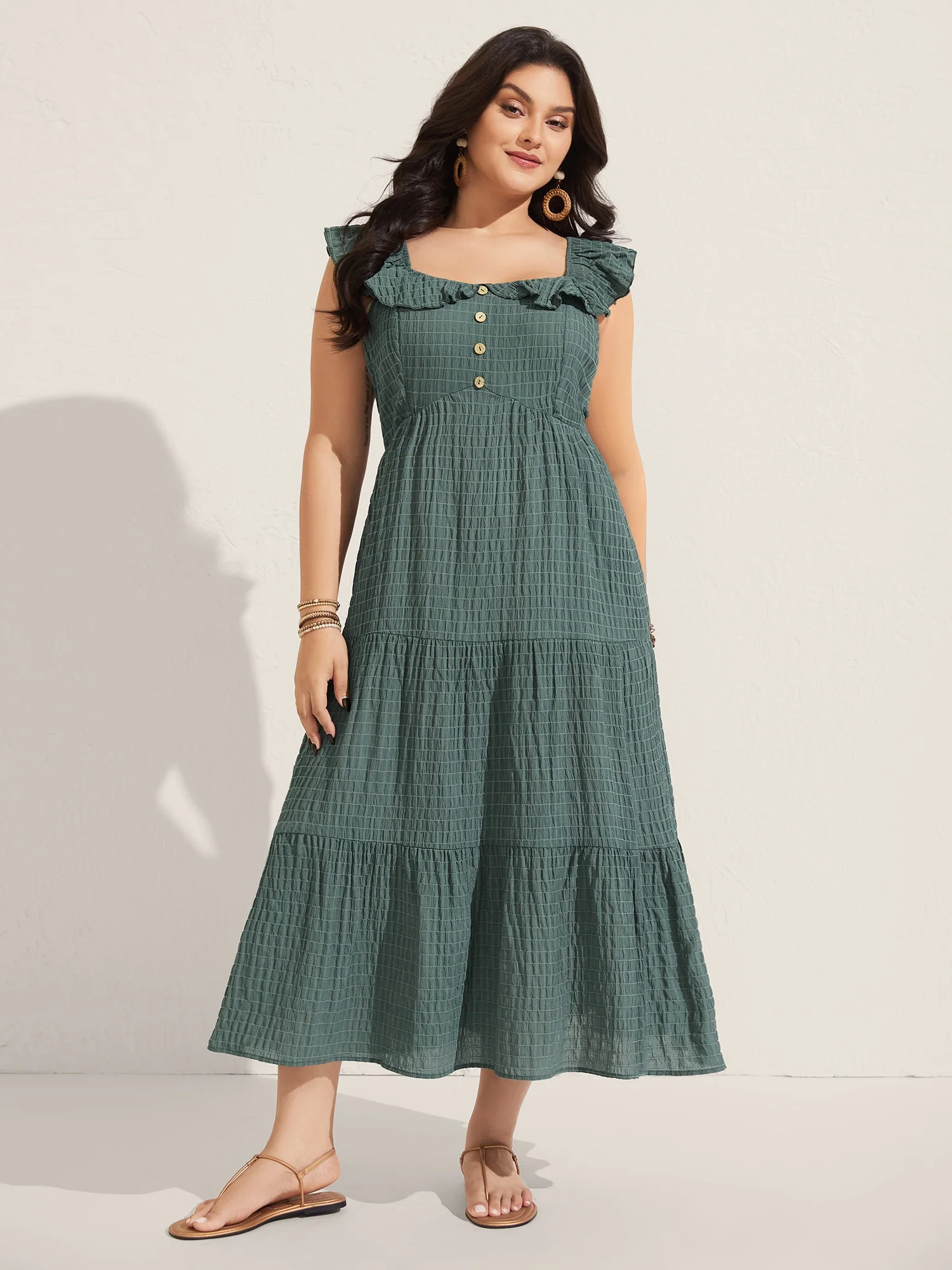 Textured Ruffled Neck Pockets Midi Dress