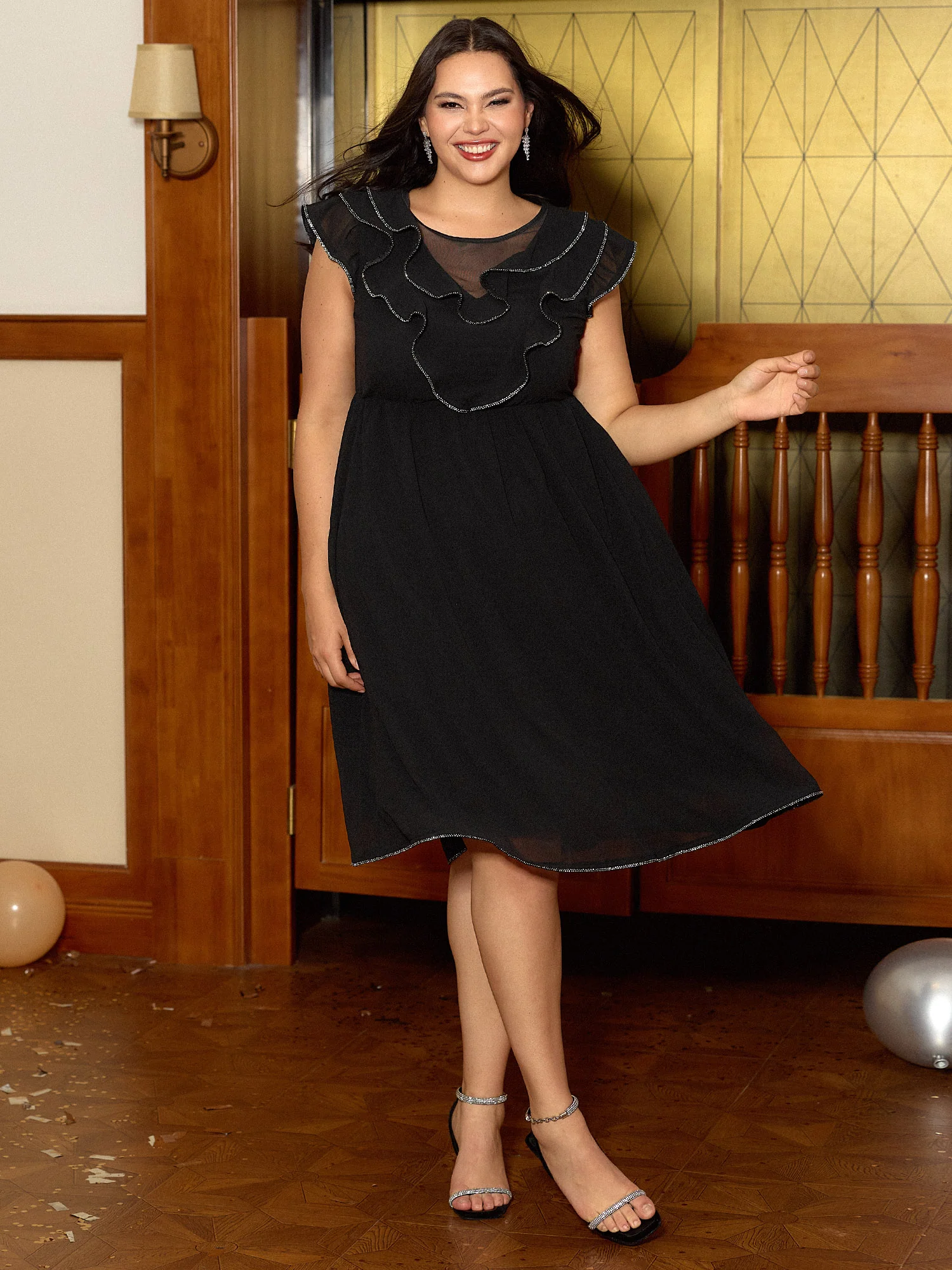 Sheer Rhinestone Chain Trim Ruffled Midi Dress