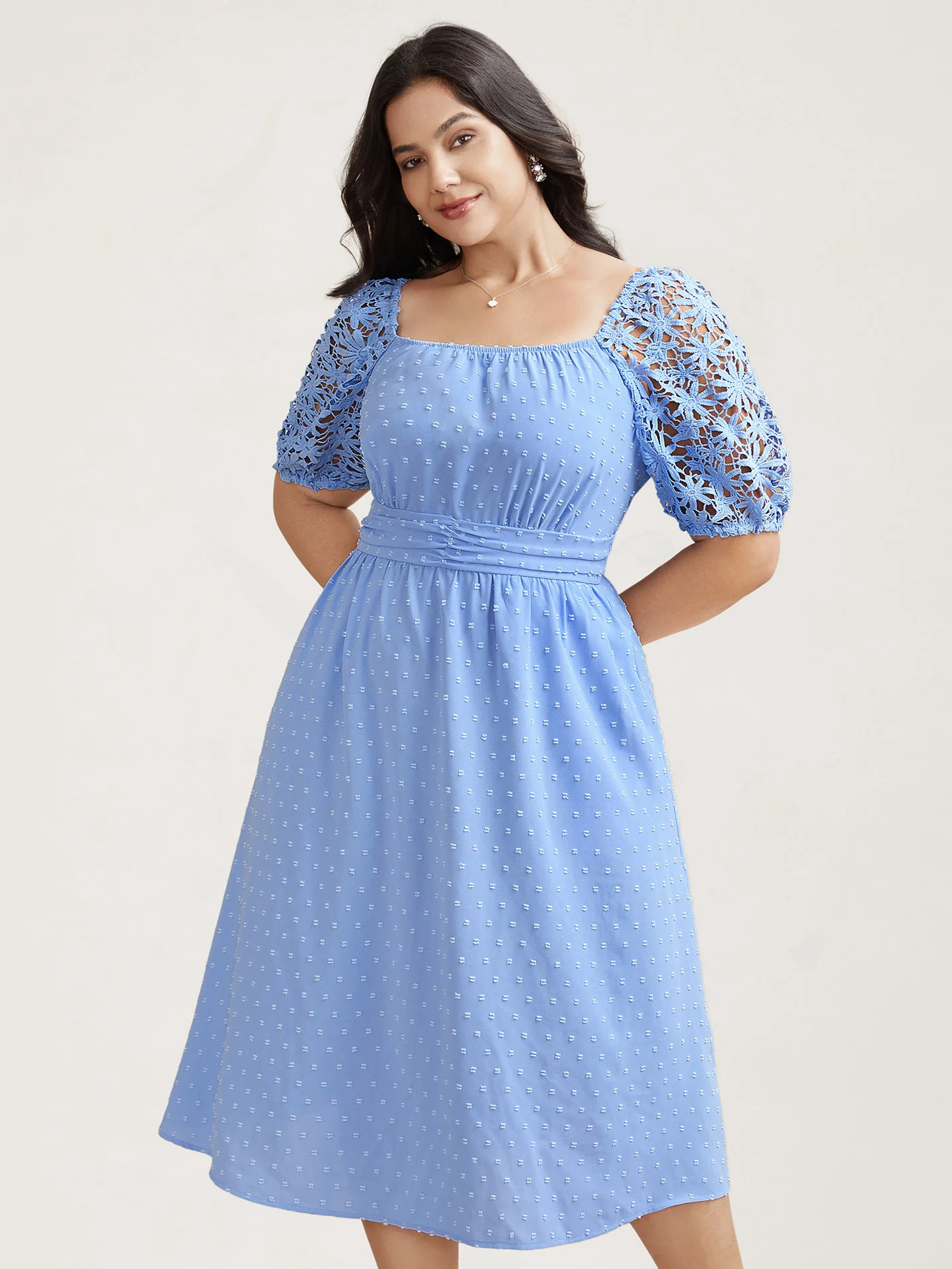 Textured Lace Sleeve Stretchy Waist Midi Dress