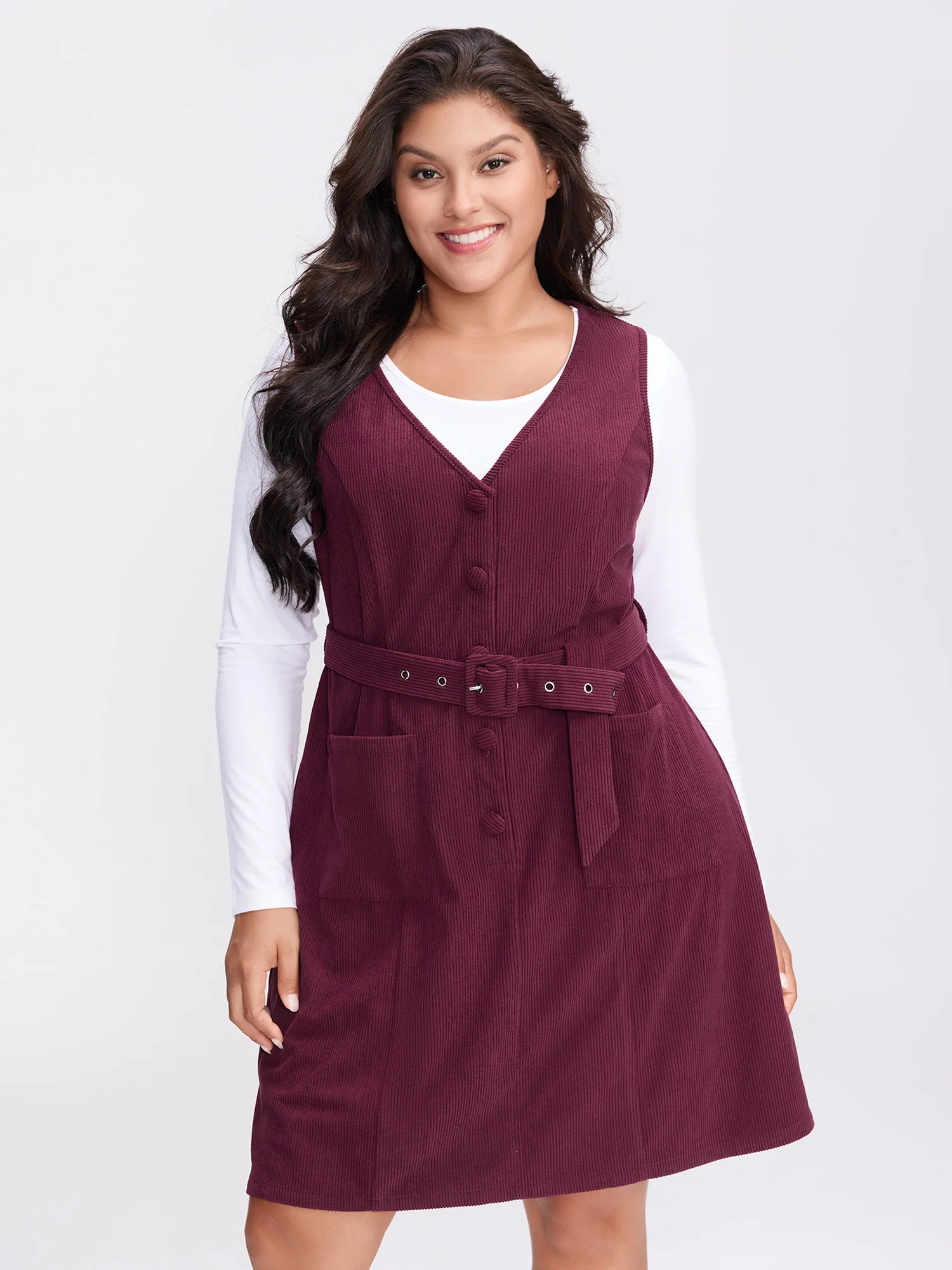 Textured Belted Waist Sleeveless Knee-Length Dress