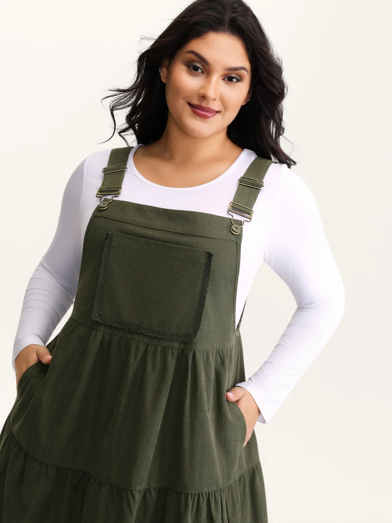 Corduroy Lace Trim Overall Strap Midi Dress