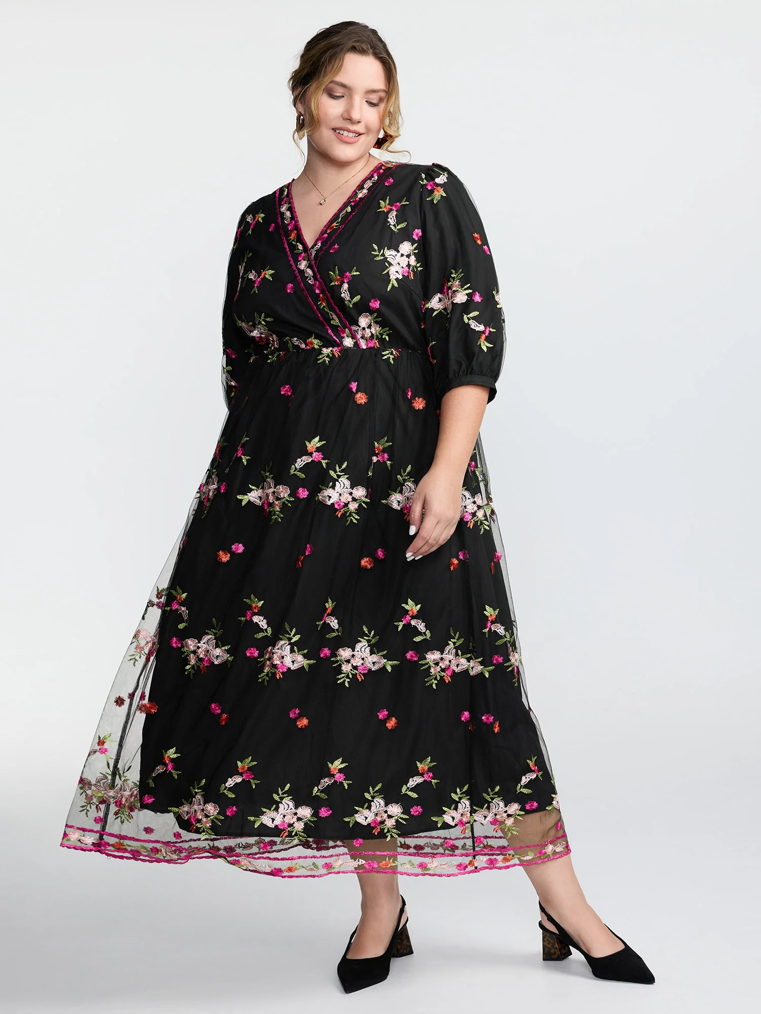Floral Embroidered Mesh Lined Party Dress