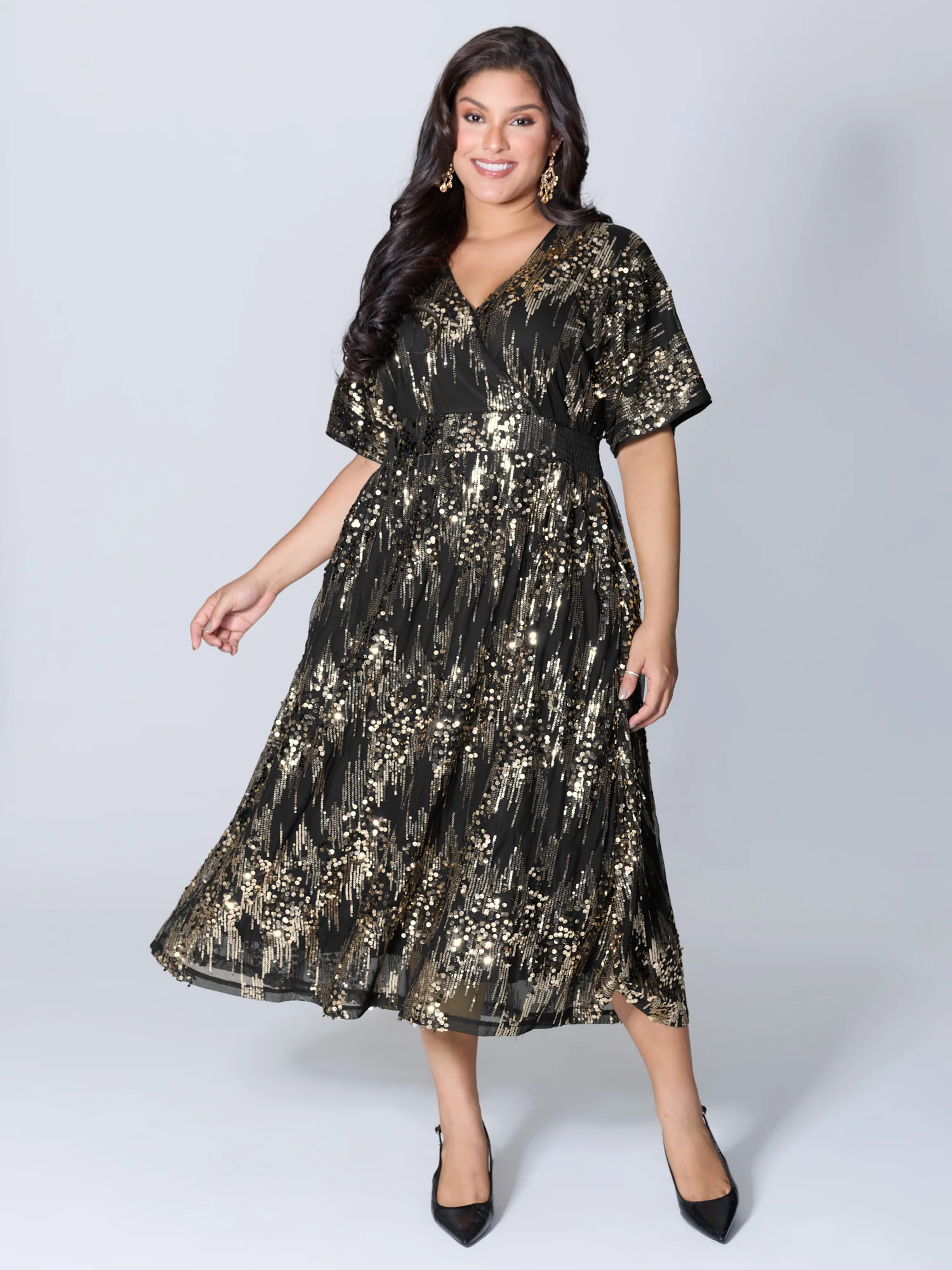 Sparkly Sequins Wrap Neck Midi Dress